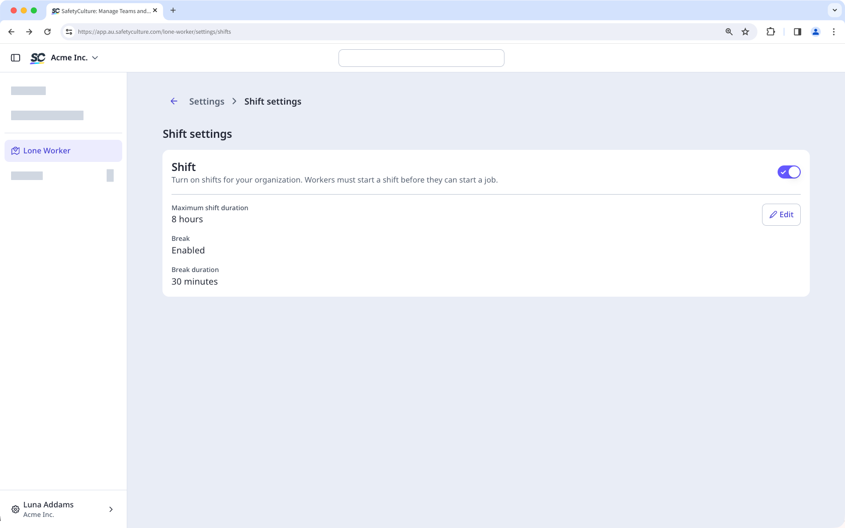 To set up a shift for lone workers, turn on Shifts. Click "edit" to configure the details of the shift.