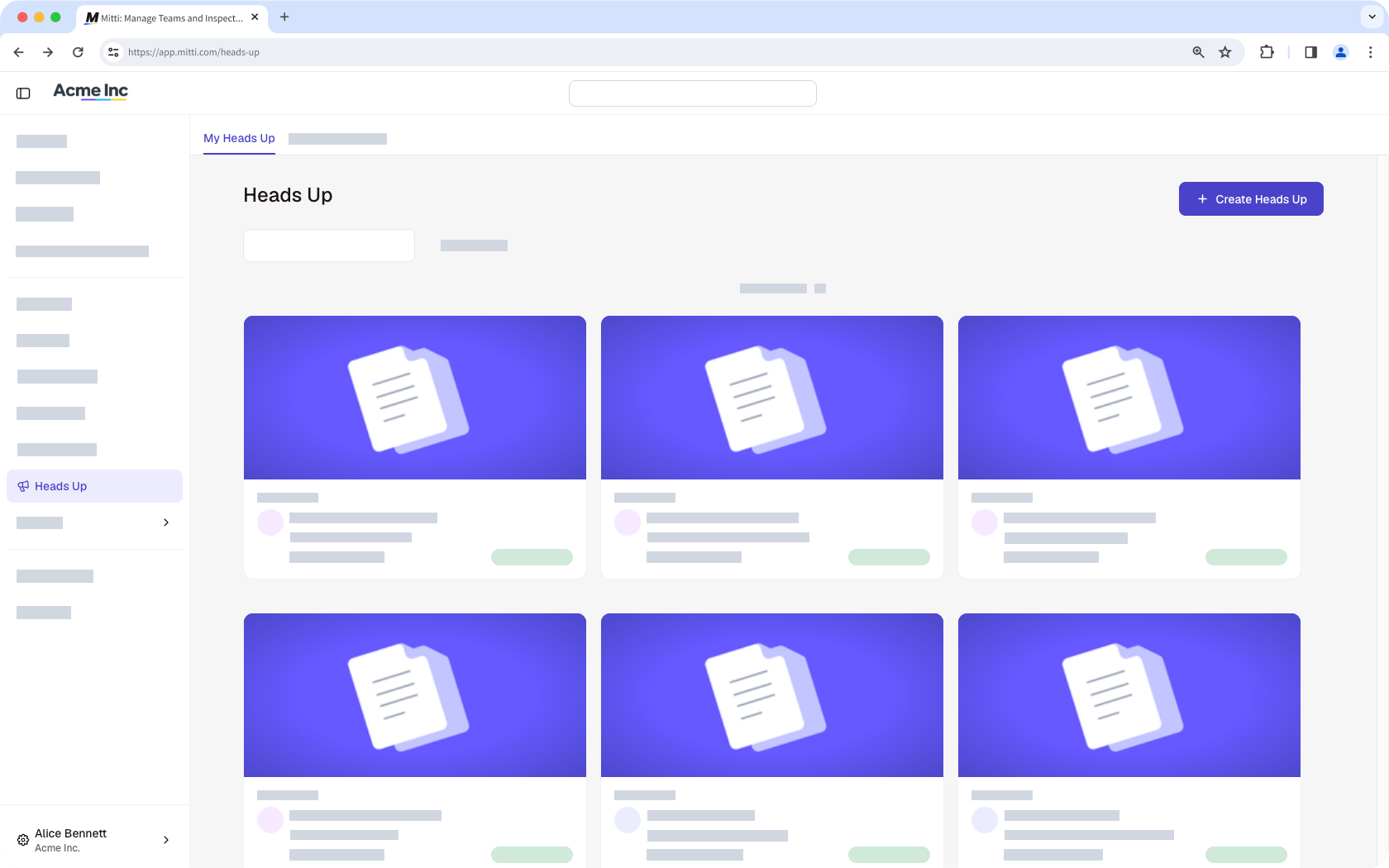 Heads Up page with "Create Heads Up" button.