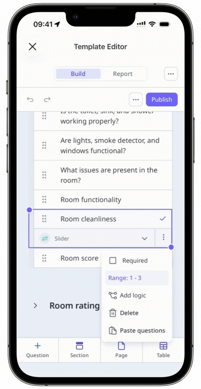 Set up the scoring for a slider response question via the mobile app.