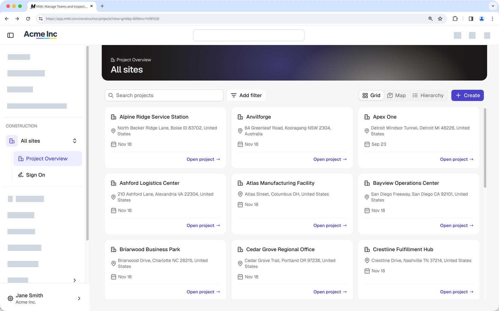 The Construction module on the side bar and the Projects Overview tab.