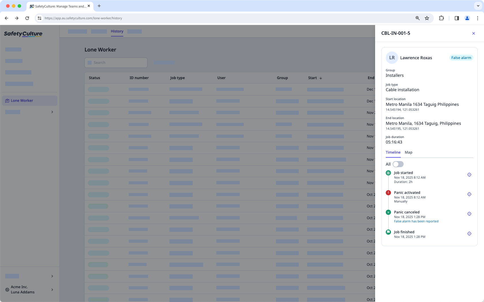 View historical lone-work jobs via the web app.