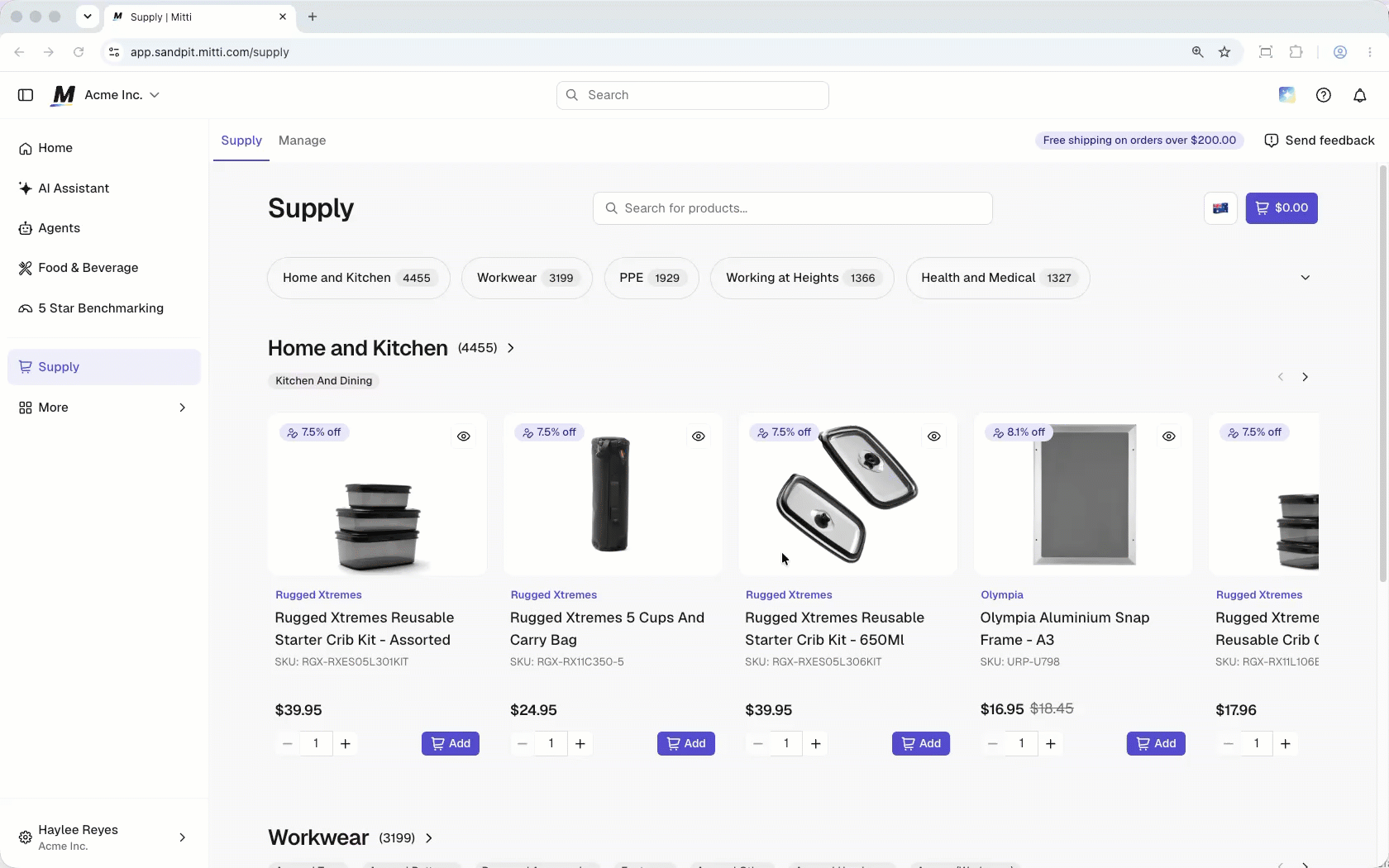 Add Supply products to cart, then complete checkout to place an order.