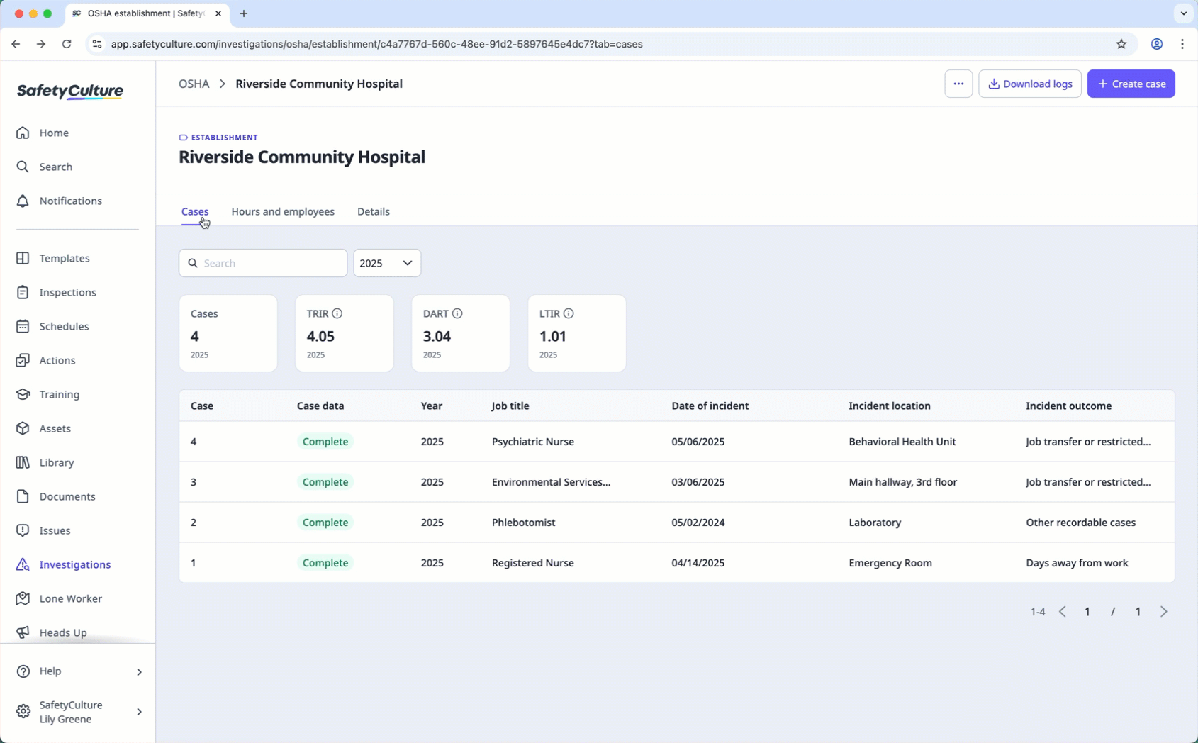 A list of the recorded cases for OSHA in the establishment profile on the web app.