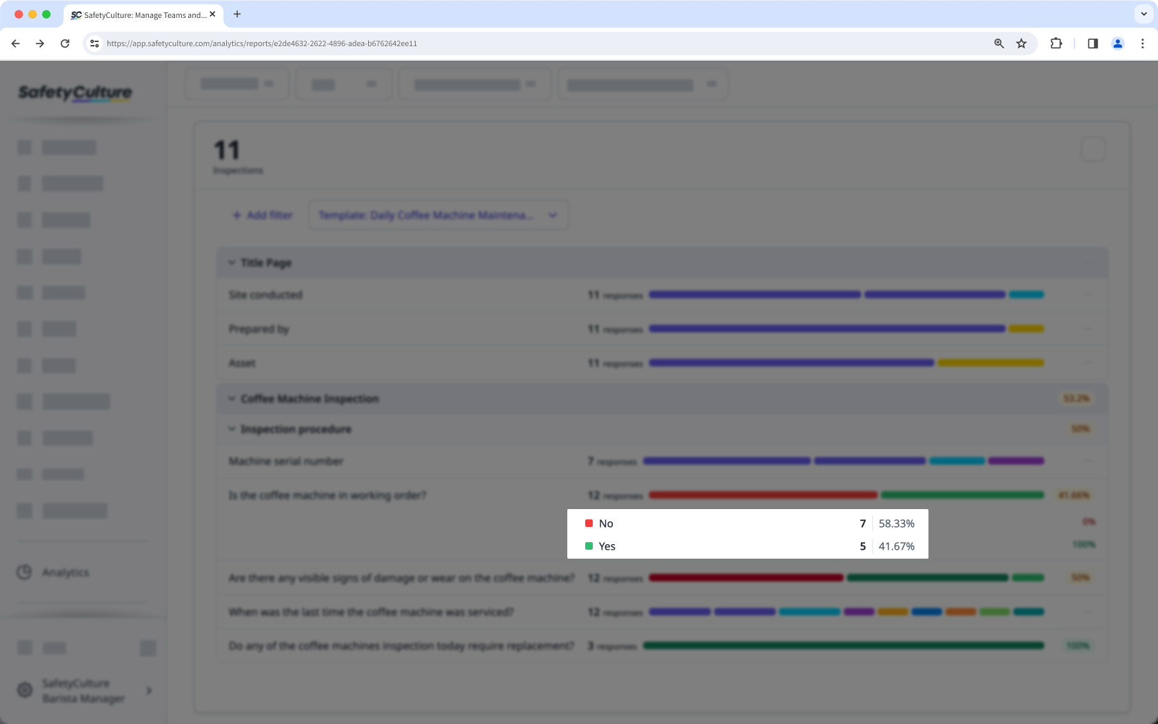 Afficher le pourcentage d'utilisation et le total d'utilisation des réponses pour l'ensemble des inspections à l'aide du type de graphique Tableau des réponses à partir de l'application Web.