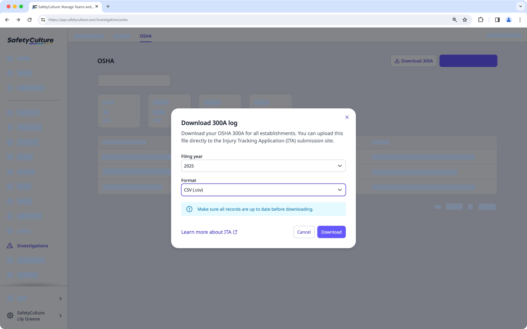Descargue los registros 300A en formato CSV desde la aplicación web.