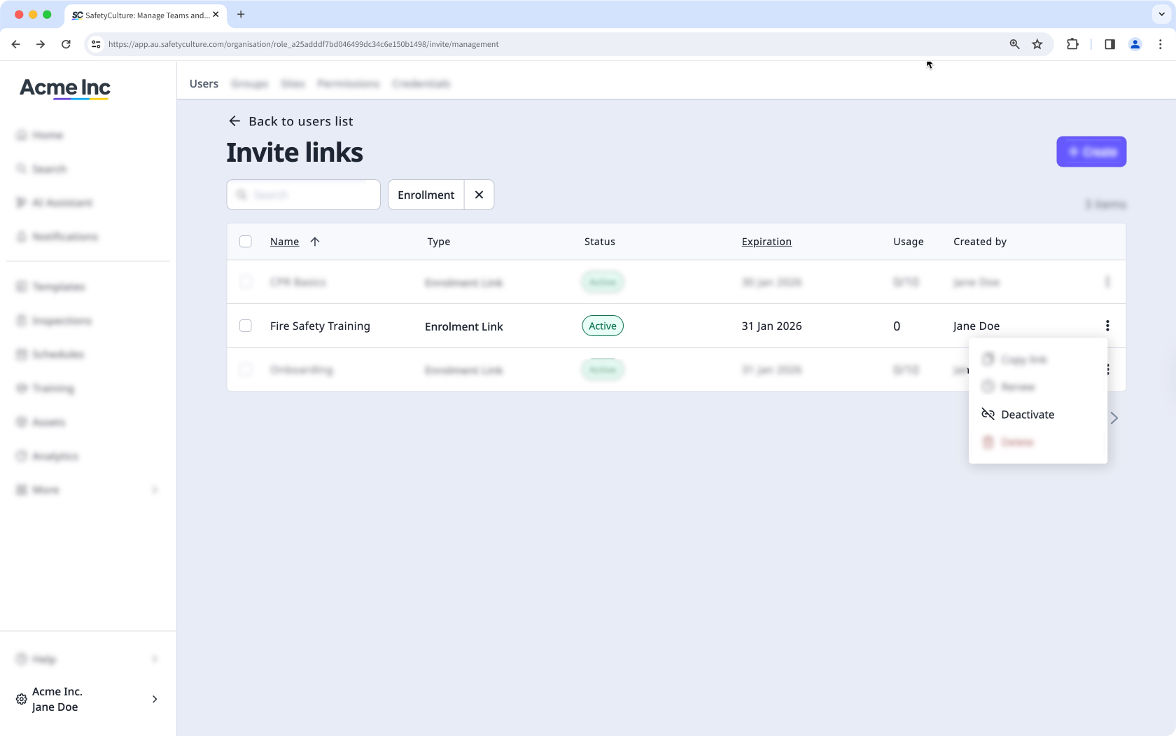 Desactivar un enlace de inscripción a través de la aplicación web.