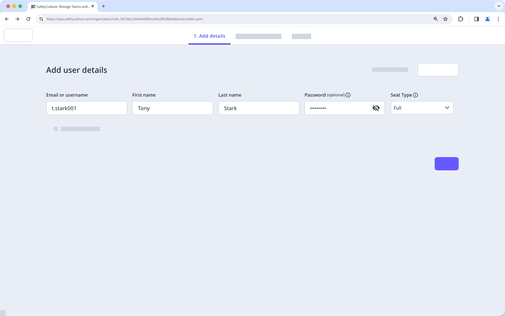 The "Add details" step of the add user flow showing a username login user's details.