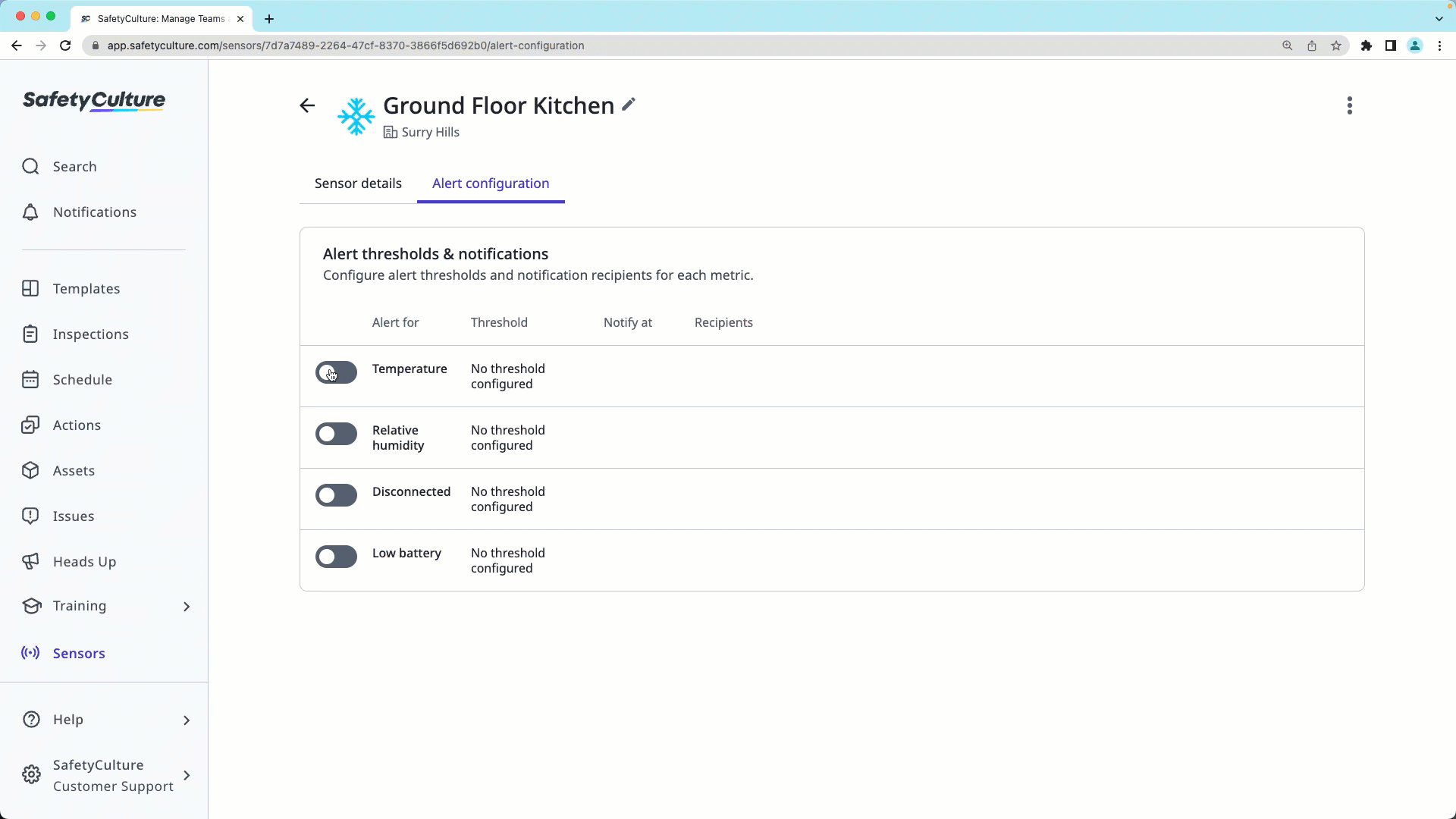 Set up sensor alerts via the web app.