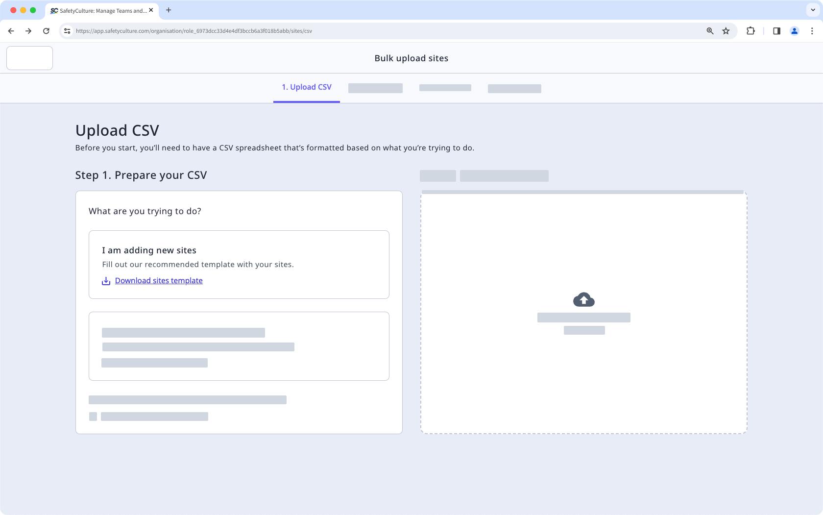 Bulk upload sites CSV via the web app.