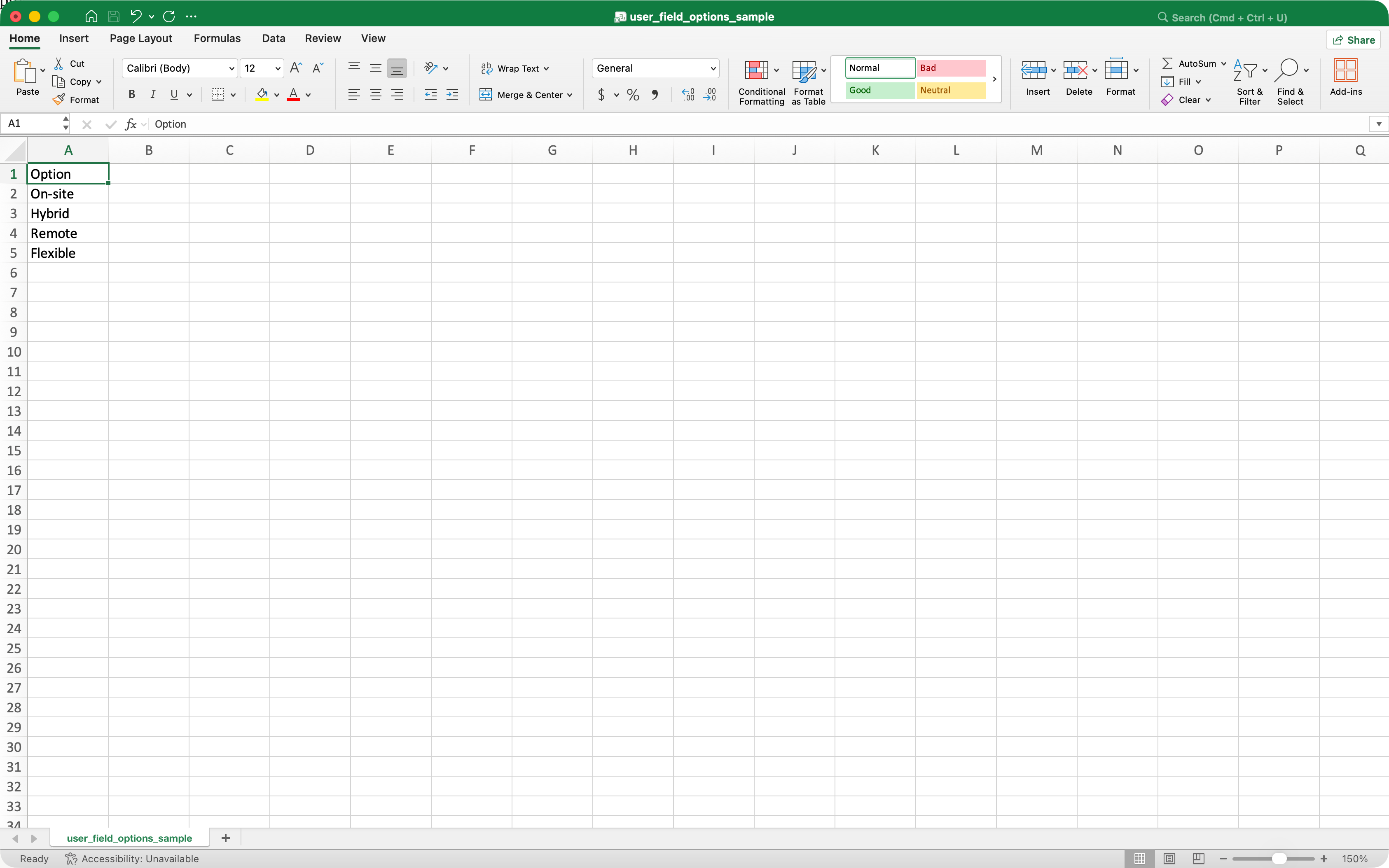 Liste der Optionen für ein einzelnes Auswahlfeld im CSV-Format.
