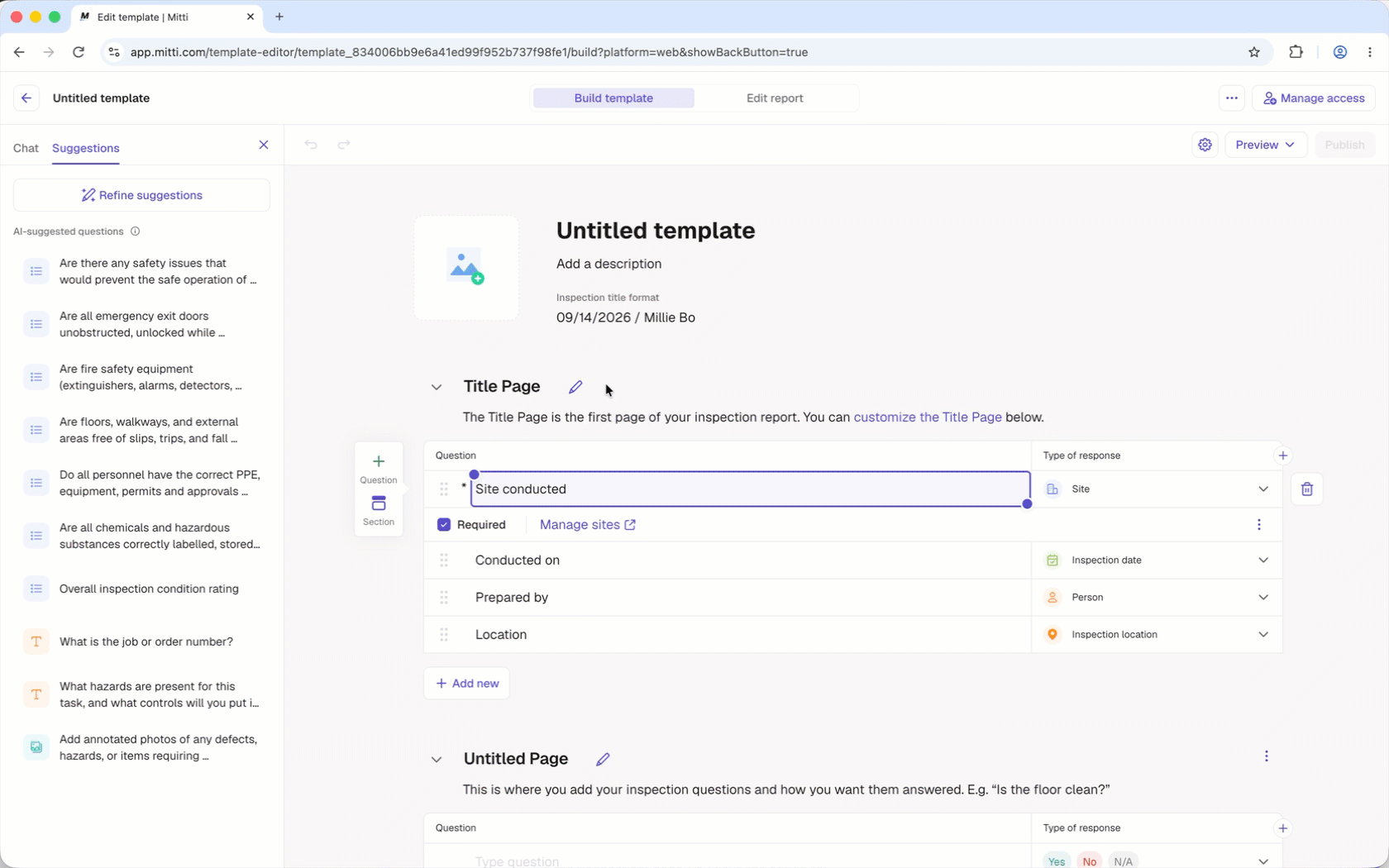 Edit the title page of the template to add Site and Asset questions.