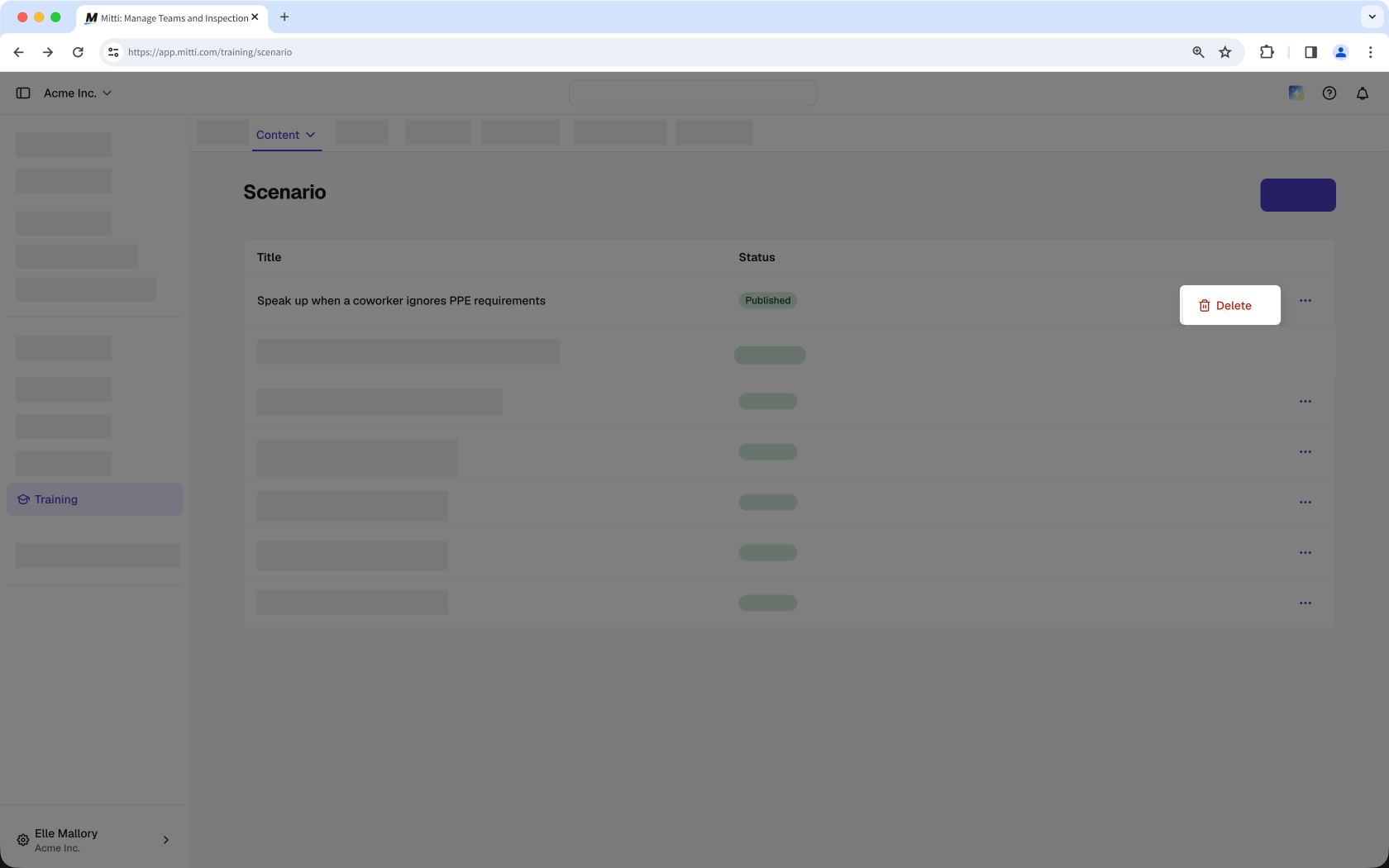 Scenario list with the Delete option open