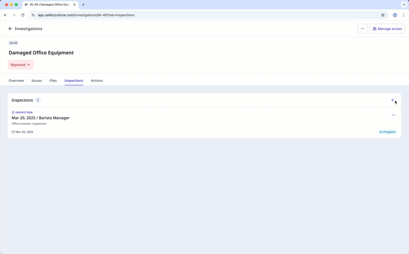 Start an inspection from an investigation via the web app.