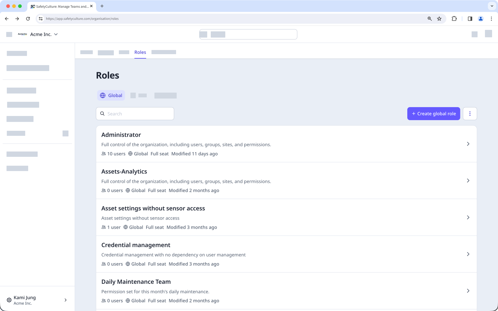 The Roles page with the Global tab open.
