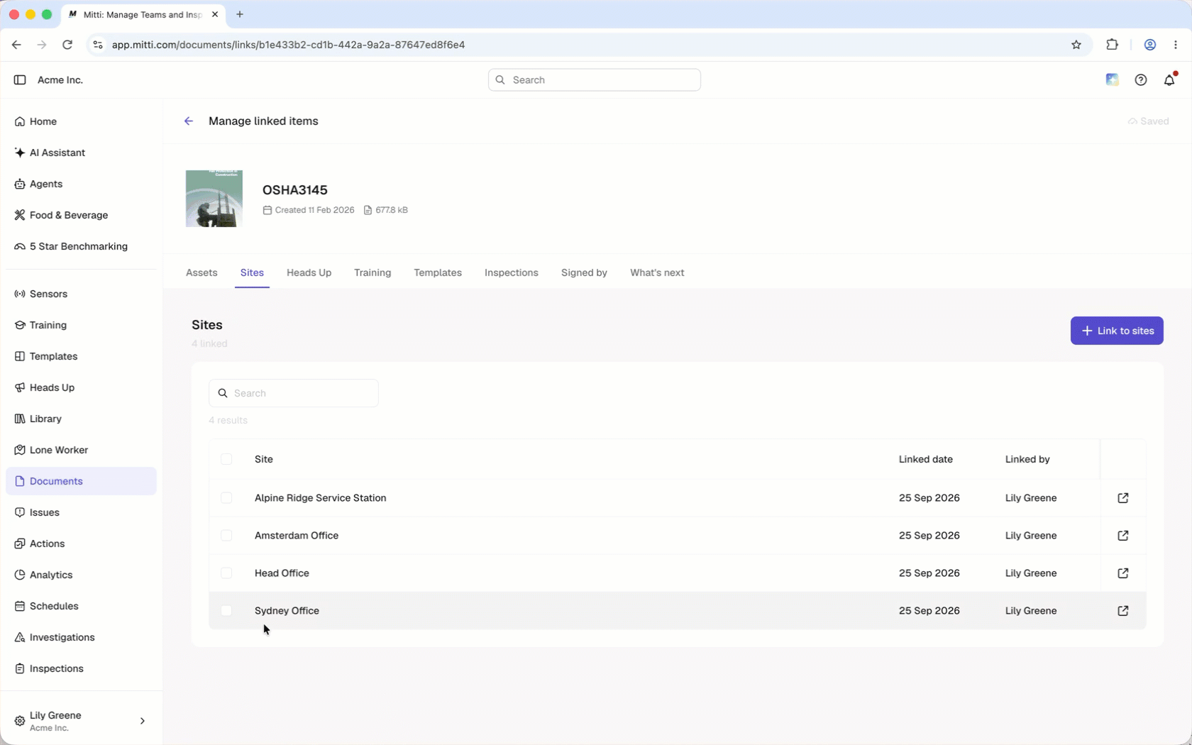 Select a file from Documents, then choose the site to unlink it from.
