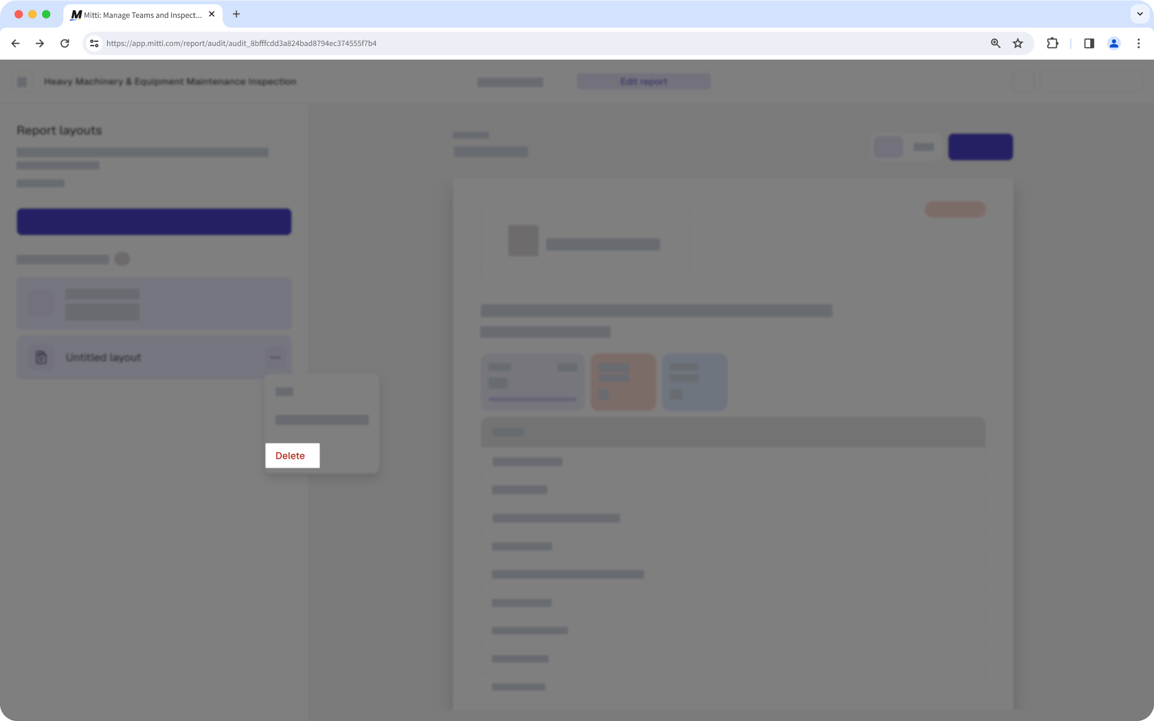 The report layout editor with the option to delete a layout visible.
