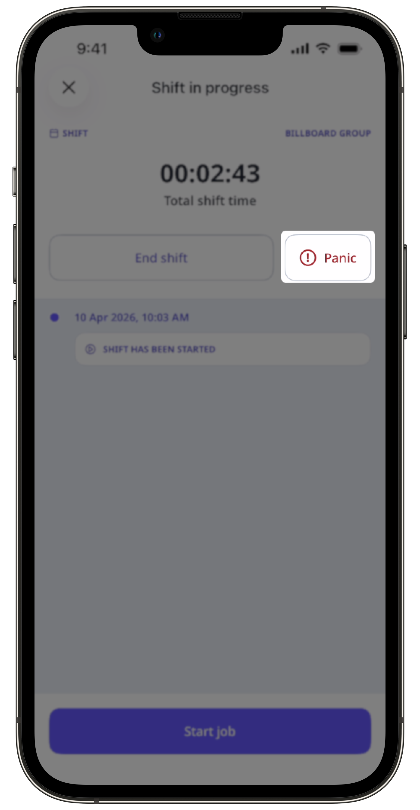 Tap and hold the "panic" button for 3 seconds to trigger a panic while on shift.