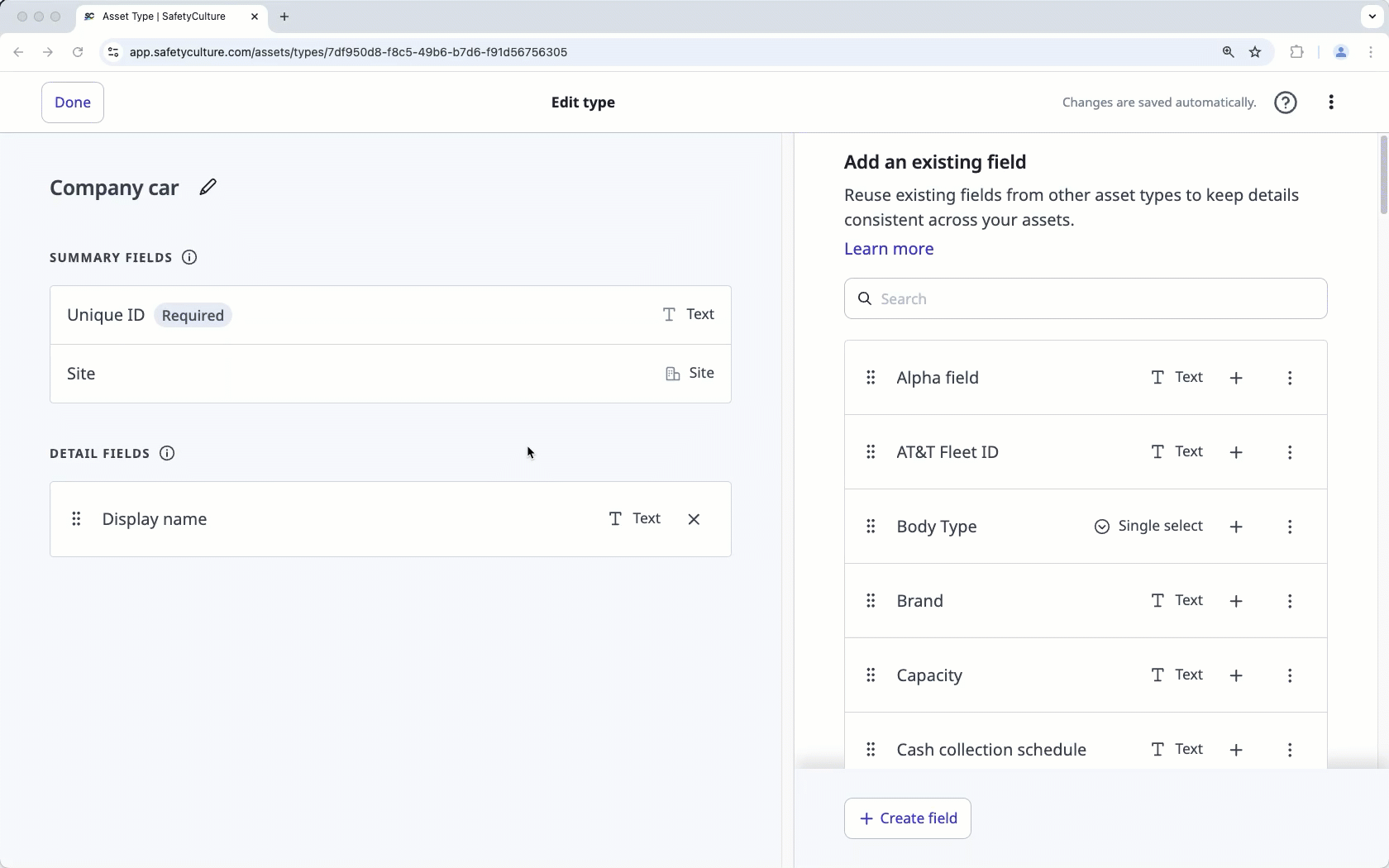 Mithilfe der Web-App neue Assetfelder erstellen oder bestehende Assetfelder verwalten.