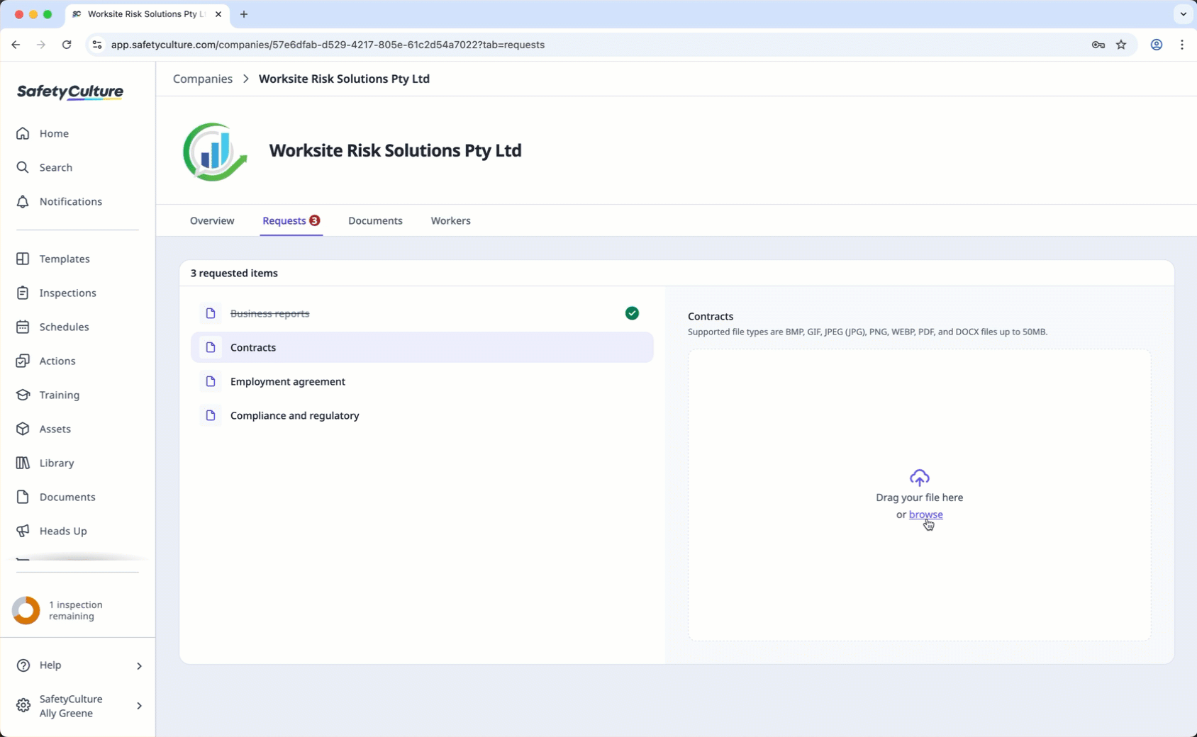 The key contact uploads a company document from document requests via the web app.