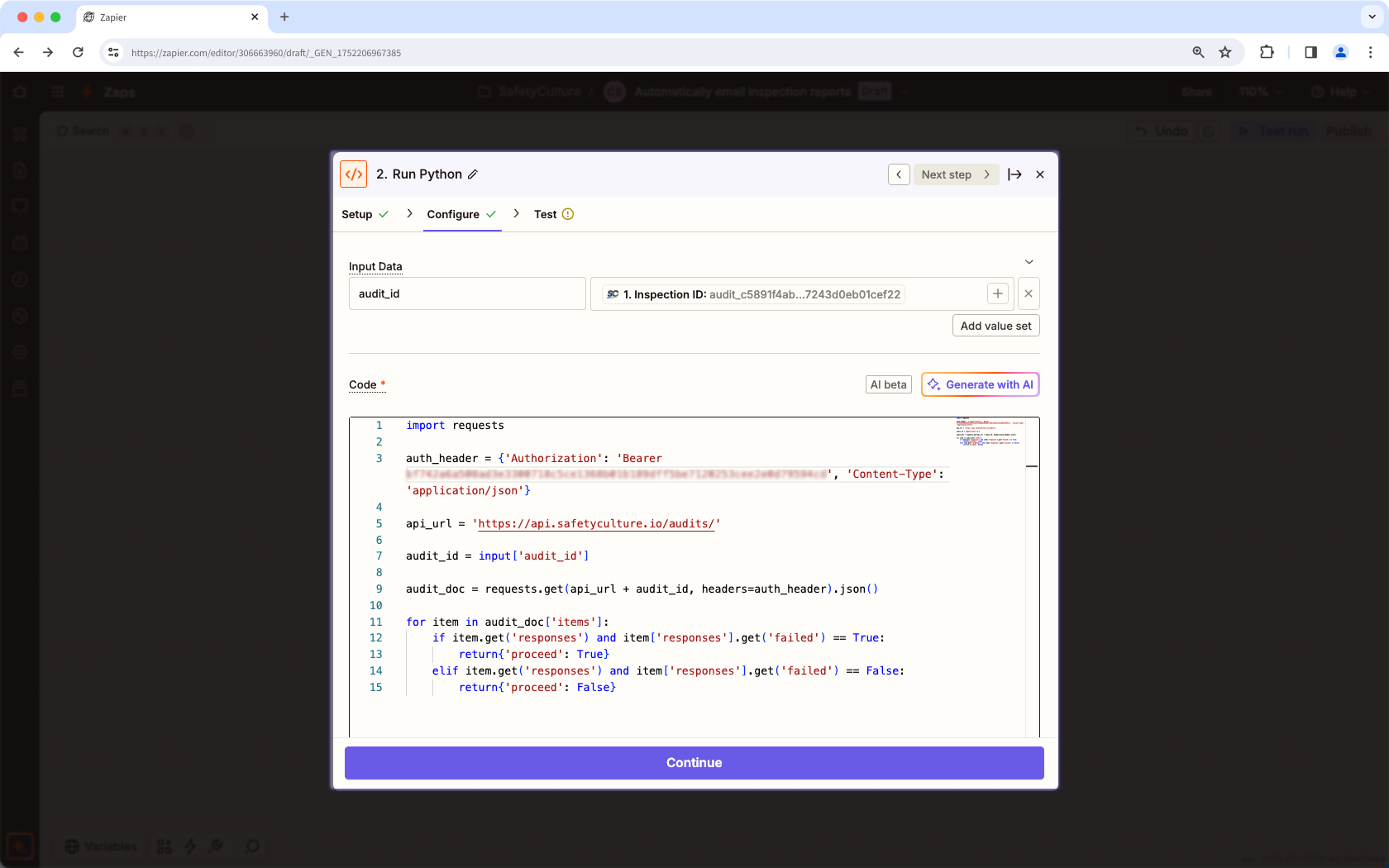 Un ejemplo de la secuencia de comandos de Python para la revisión de elementos señalados en Zapier.