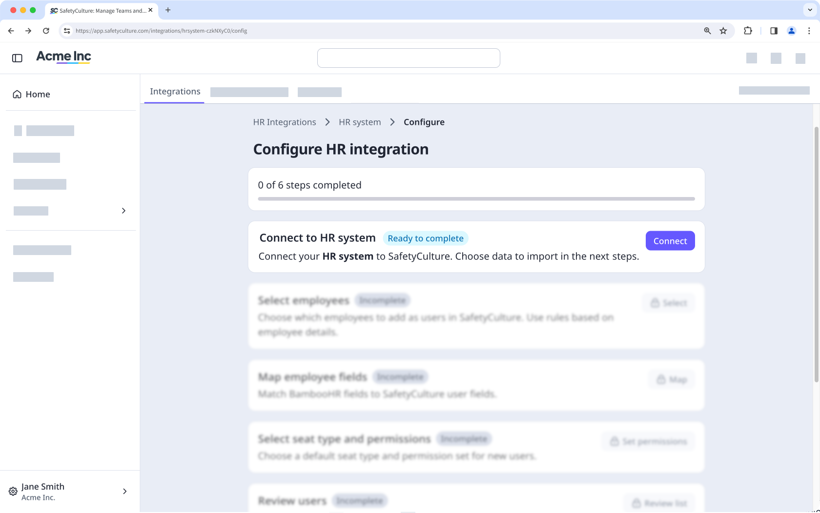 La page Configurer l'intégration RH montrant comment connecter SafetyCulture à votre système RH.