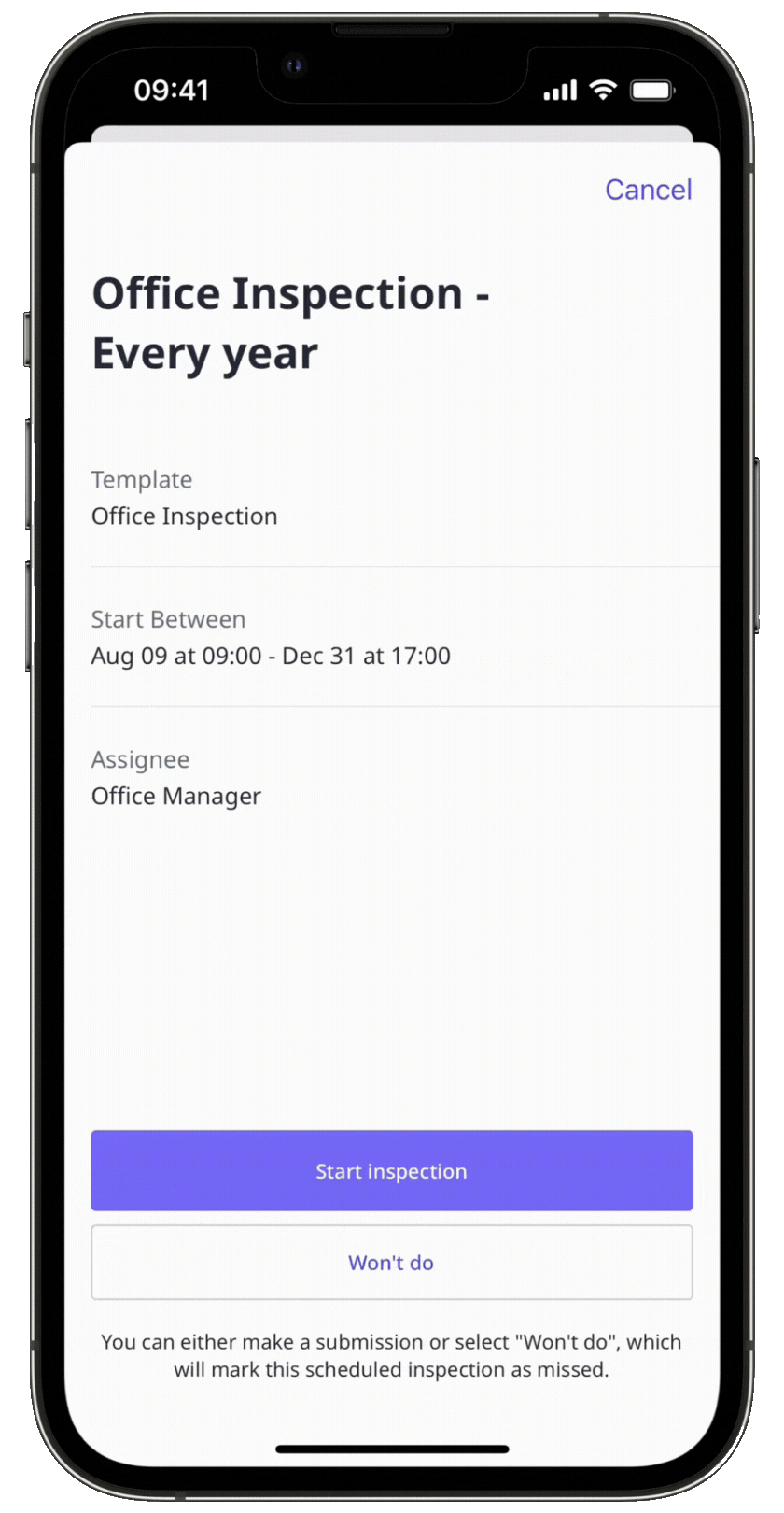 Mark inspection as "Won't do" in the legacy experience via the mobile app.