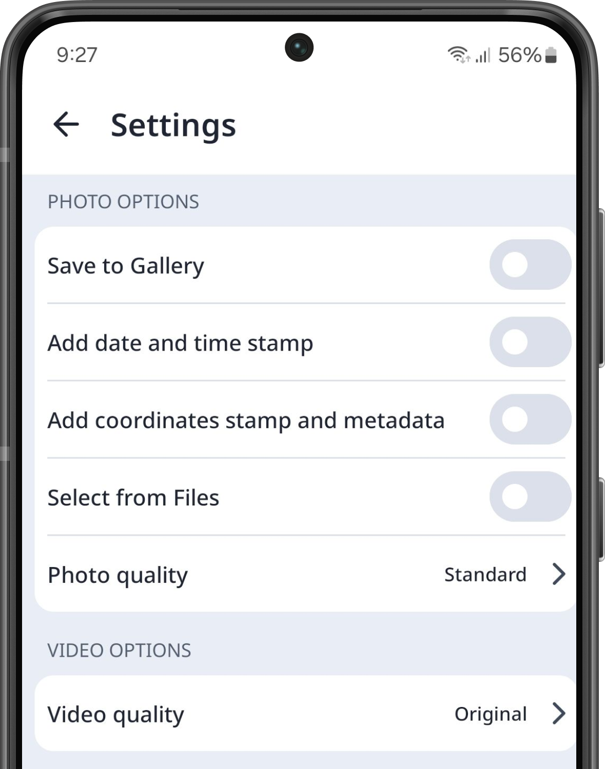 Options de photo et de vidéo via l'application portable.