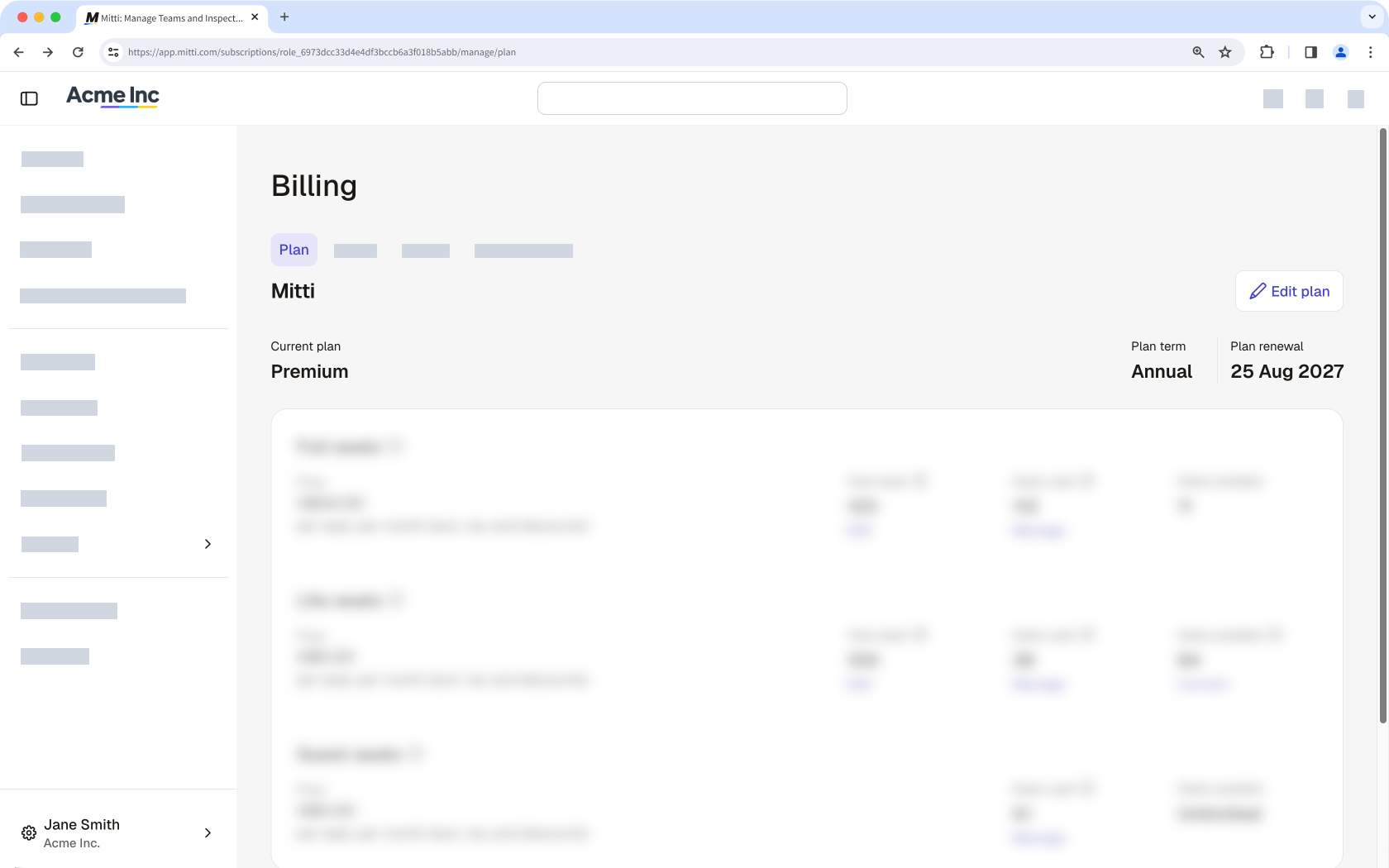 The Billing Plan page showing the Premium plan on an Annual term, renewing 25 Aug 2027.