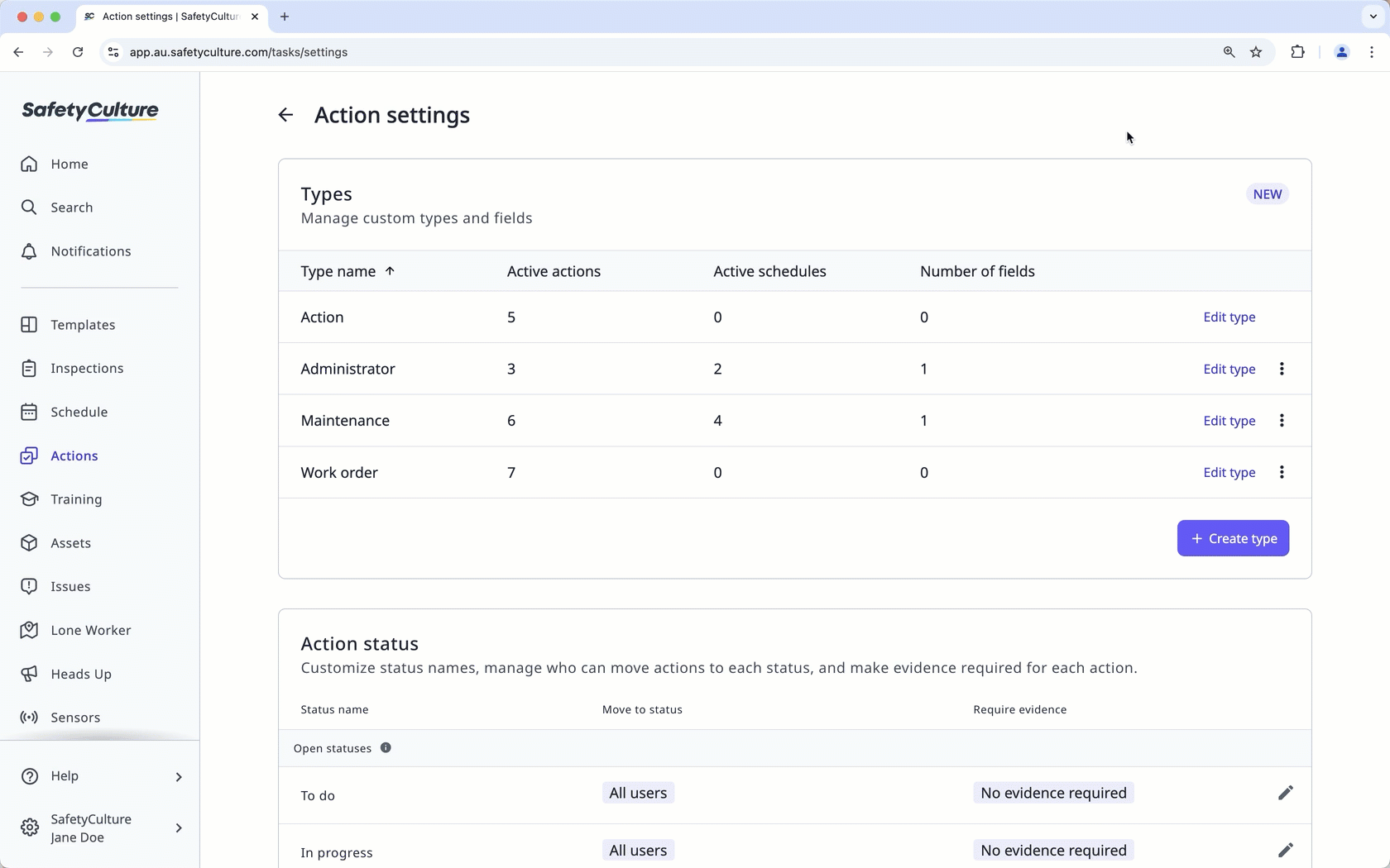 Customize action status name via the web app.