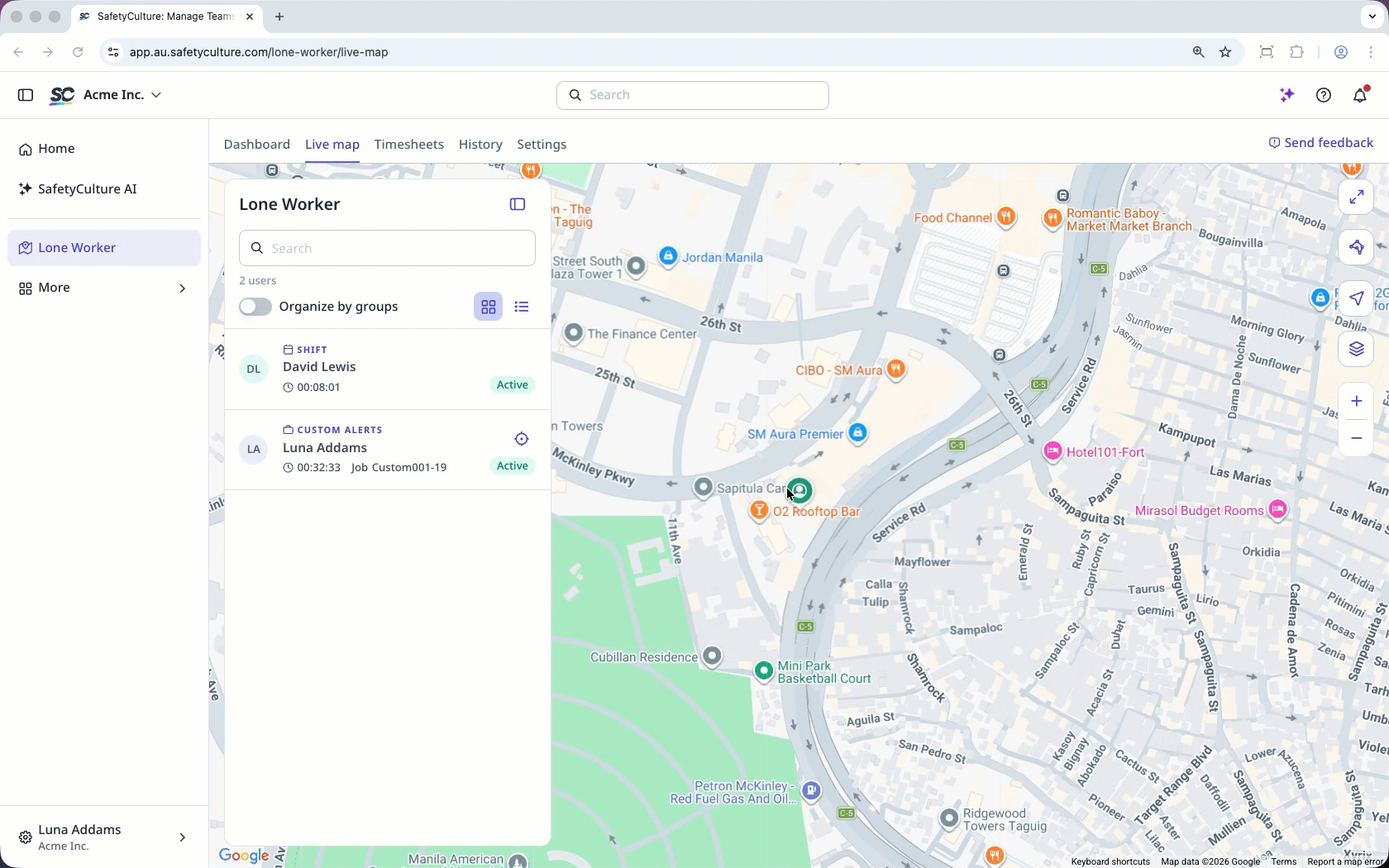 To view a shift on the live map, click the shift on the side panel.