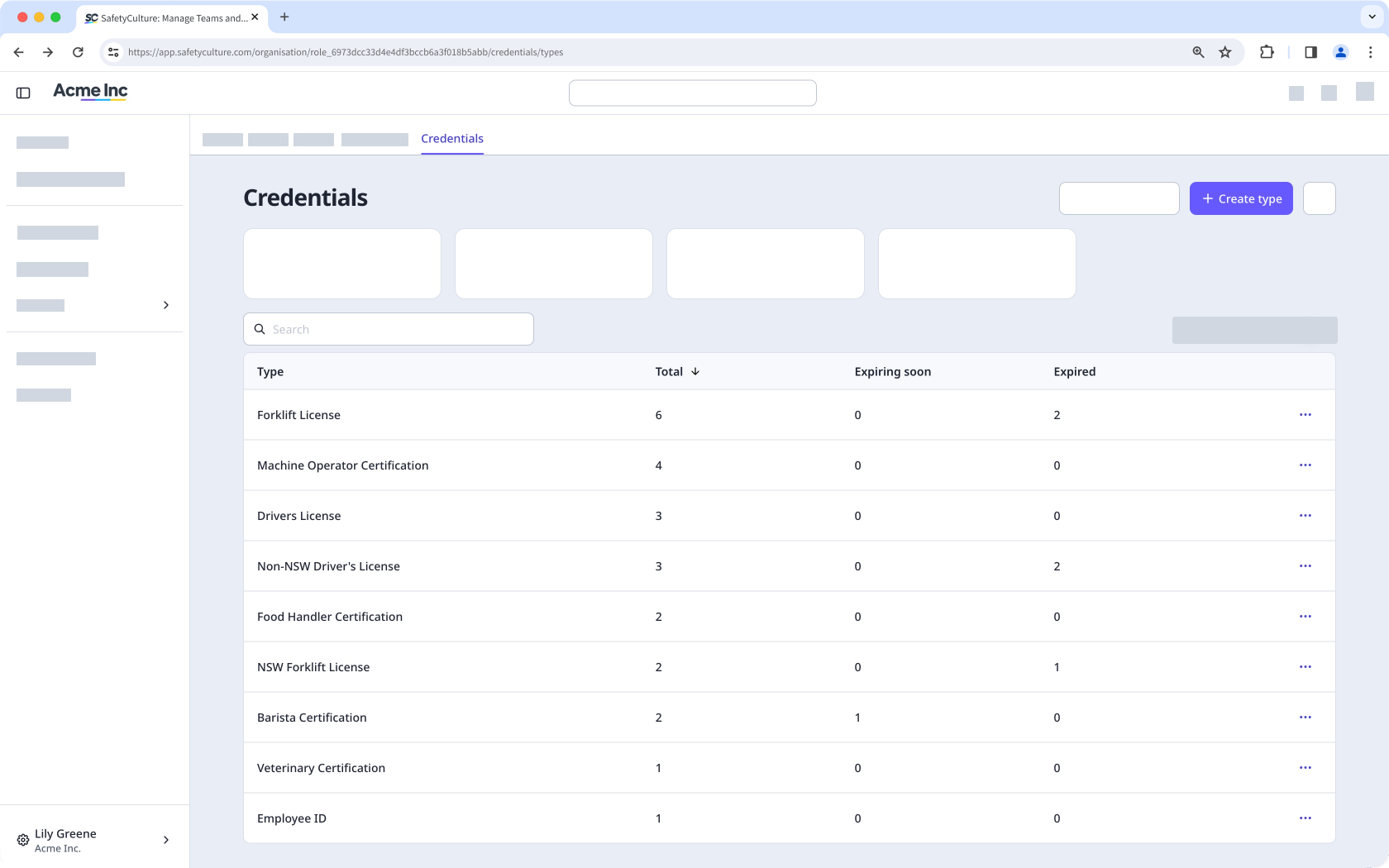 The Credentials page showing a list of credential types in the organization.