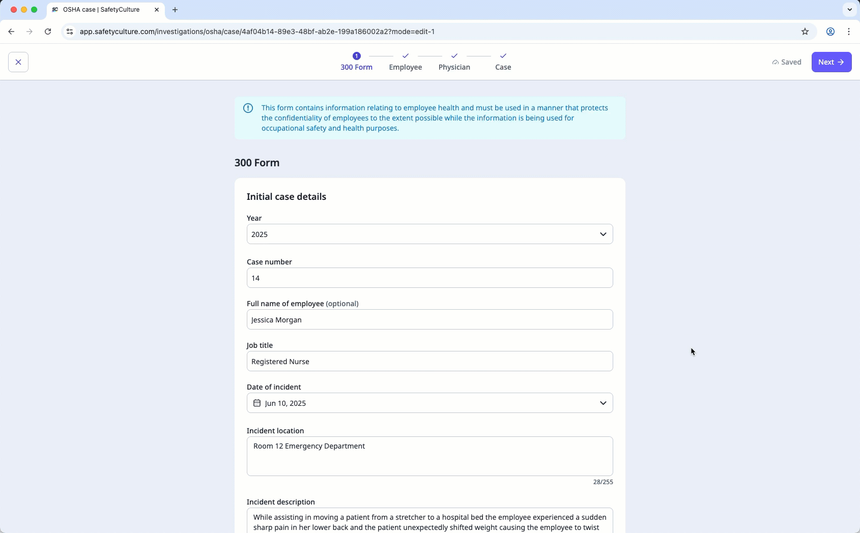 Create a case for OSHA reporting via the web app.