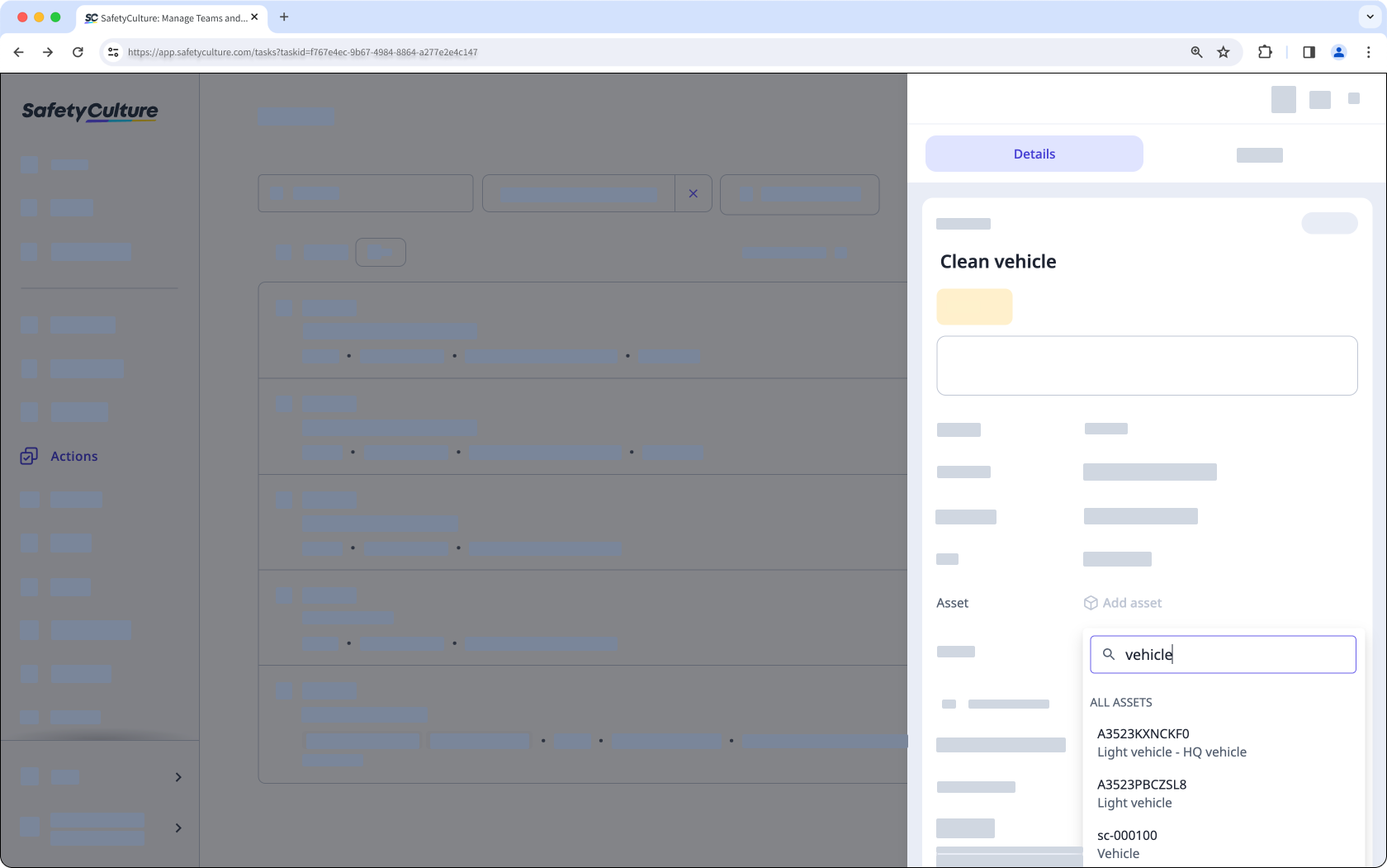 Sélectionner un actif lors de la création d'une action à partir de l'application Web.