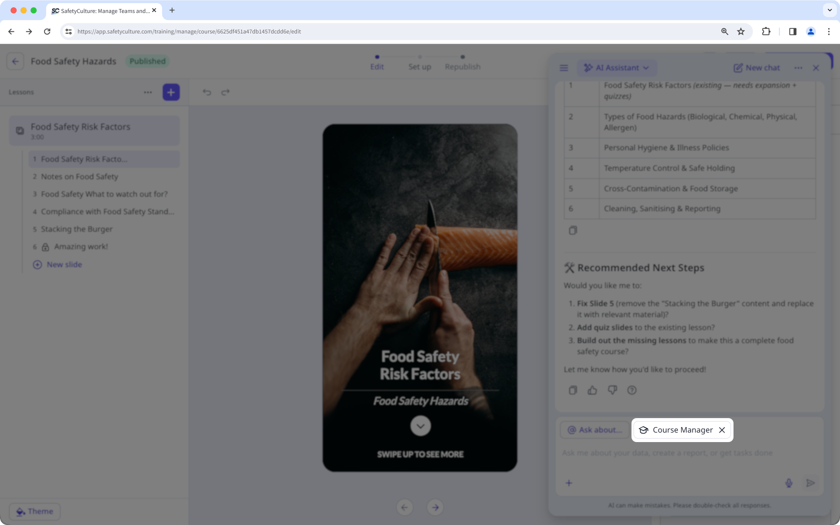 The AI Assistant in the course editor page with the "Course Manager" context selected automatically.