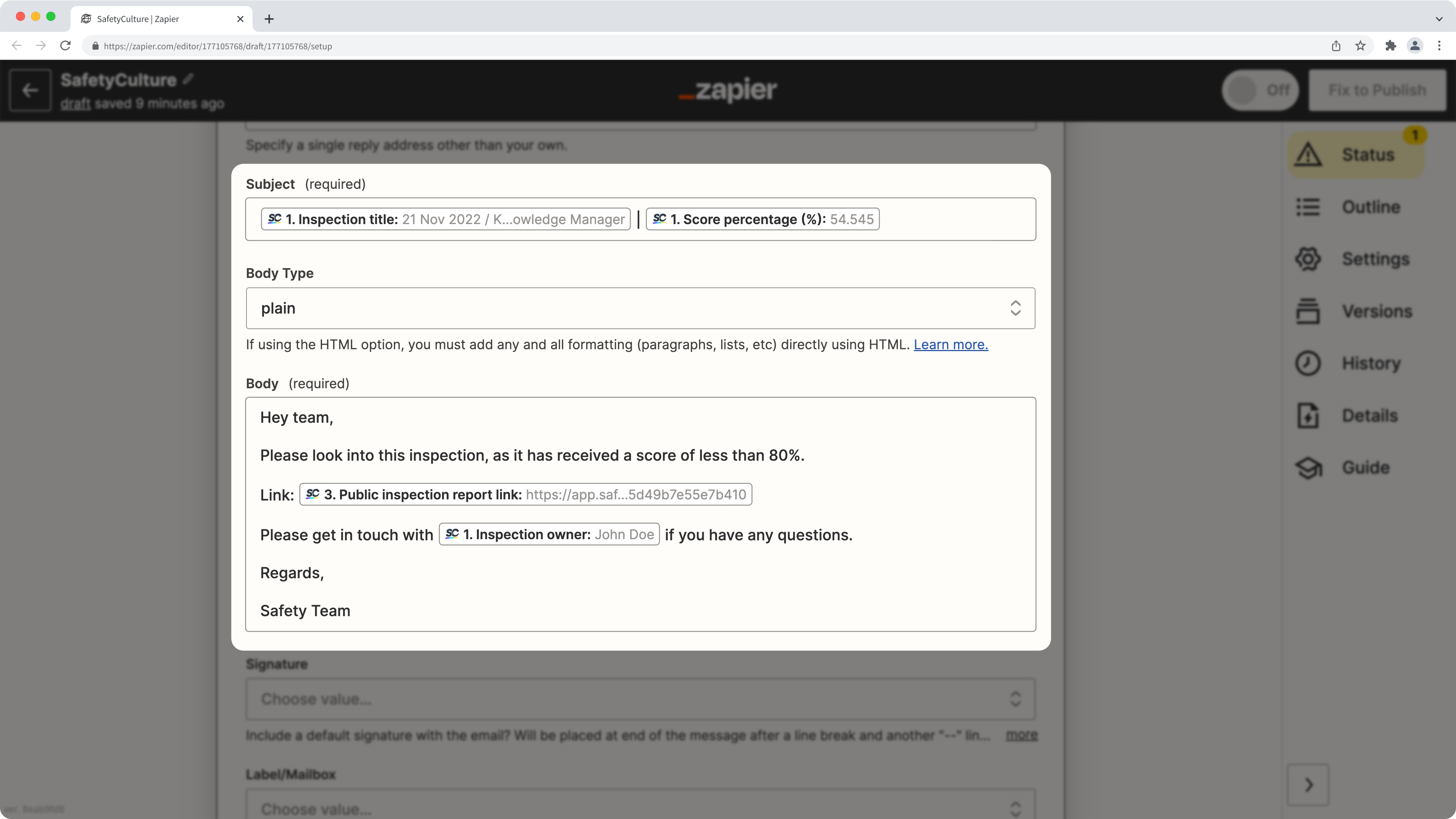 Un ejemplo de Gmail en Zapier para enviar enlaces de informes de inspección.