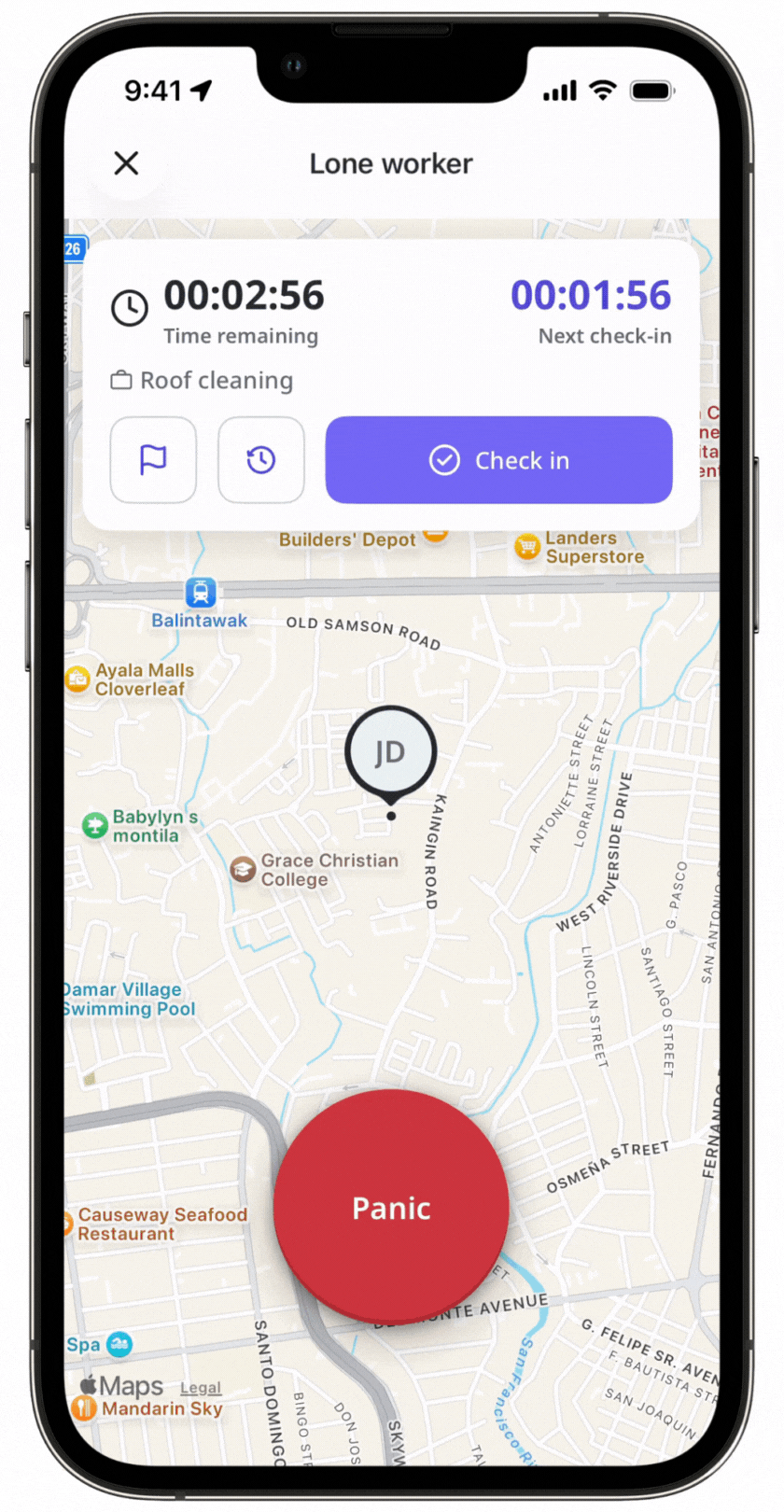 Mithilfe der Mobile-App einen Alleinarbeiterauftrag einchecken.