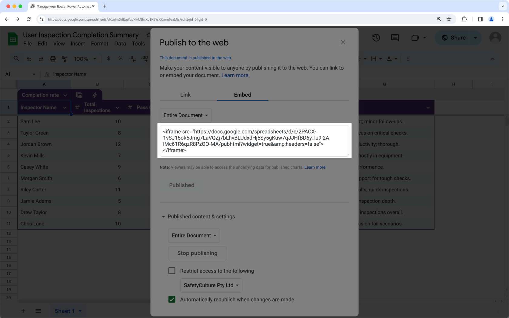 Copier le lien d'incorporation Google Sheets.