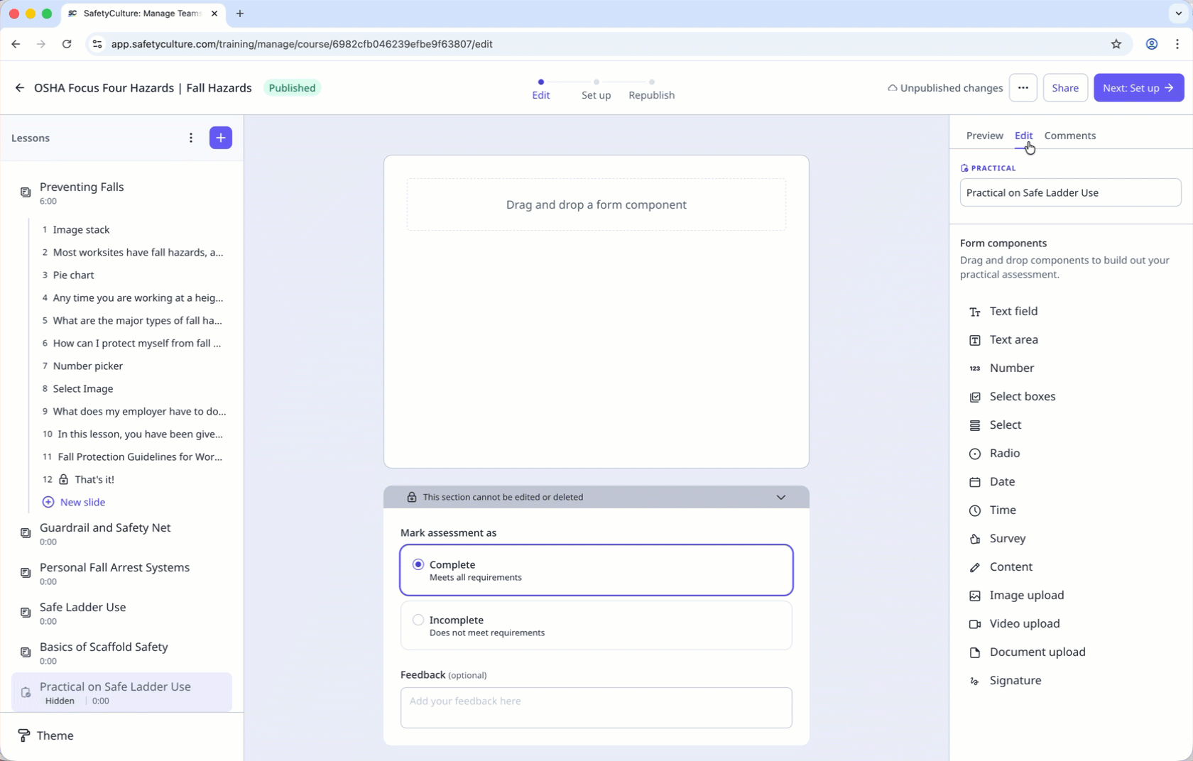 Add "Select boxes" and "Signature" components to a practical assessment in a training course.