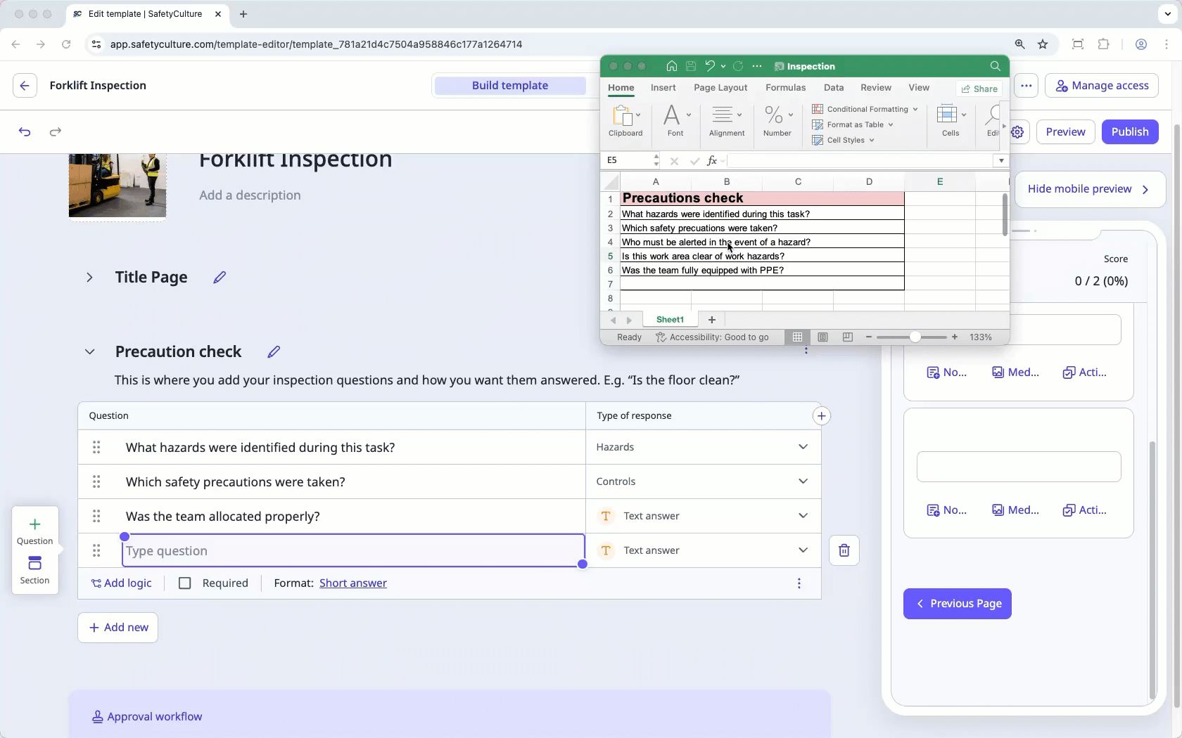 Copy and paste questions into a template via the web app.