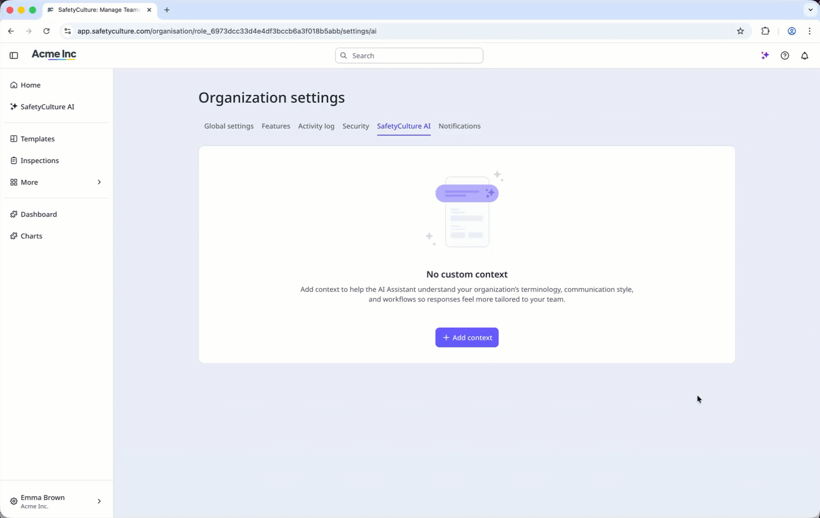Add a custom context for your AI Assistant via the web app.