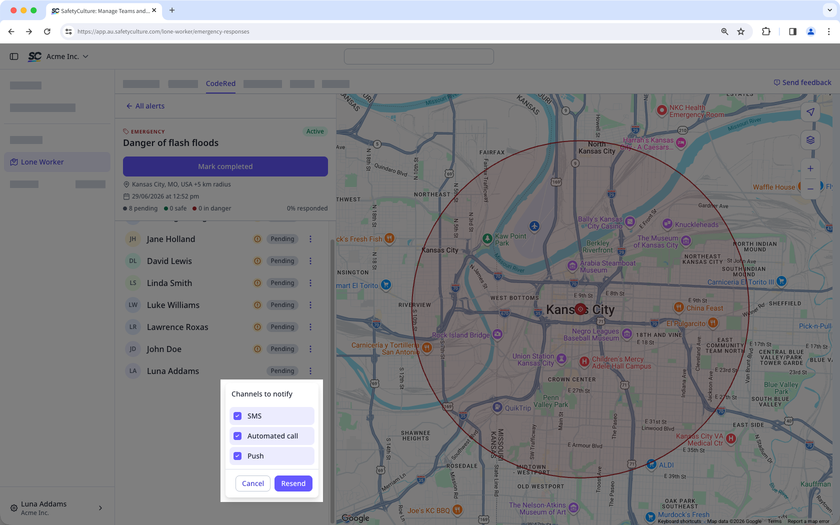 The "Channels to notify" dialog with SMS, Automated call, and Push selected to resend an active emergency alert.
