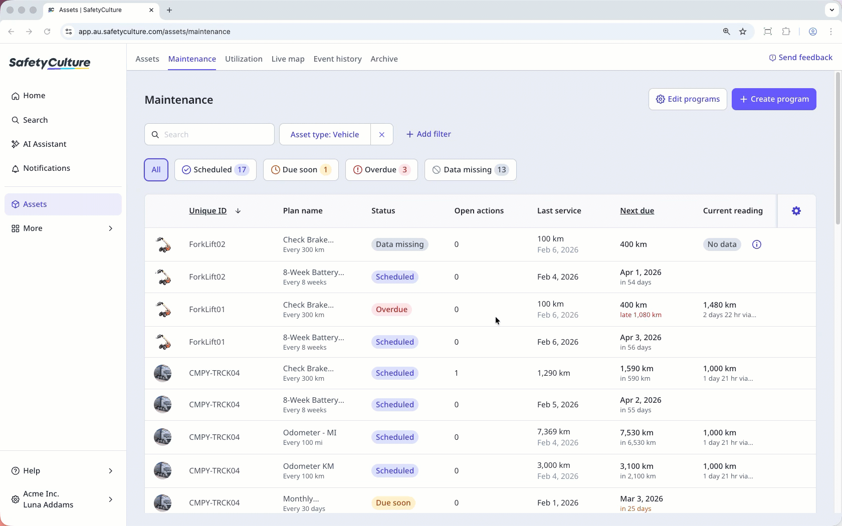 Create an action for a maintenance plan from the maintenance tab.
