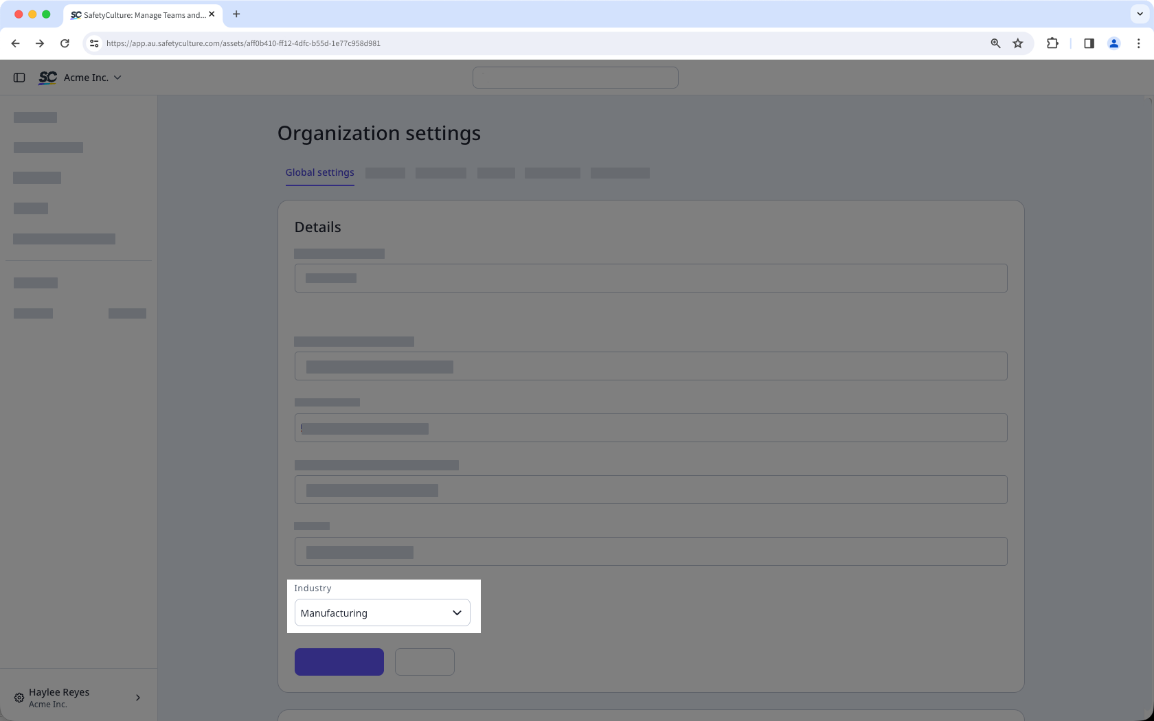 The Industry field in Organization Settings' Details section, set to 'Manufacturing'.