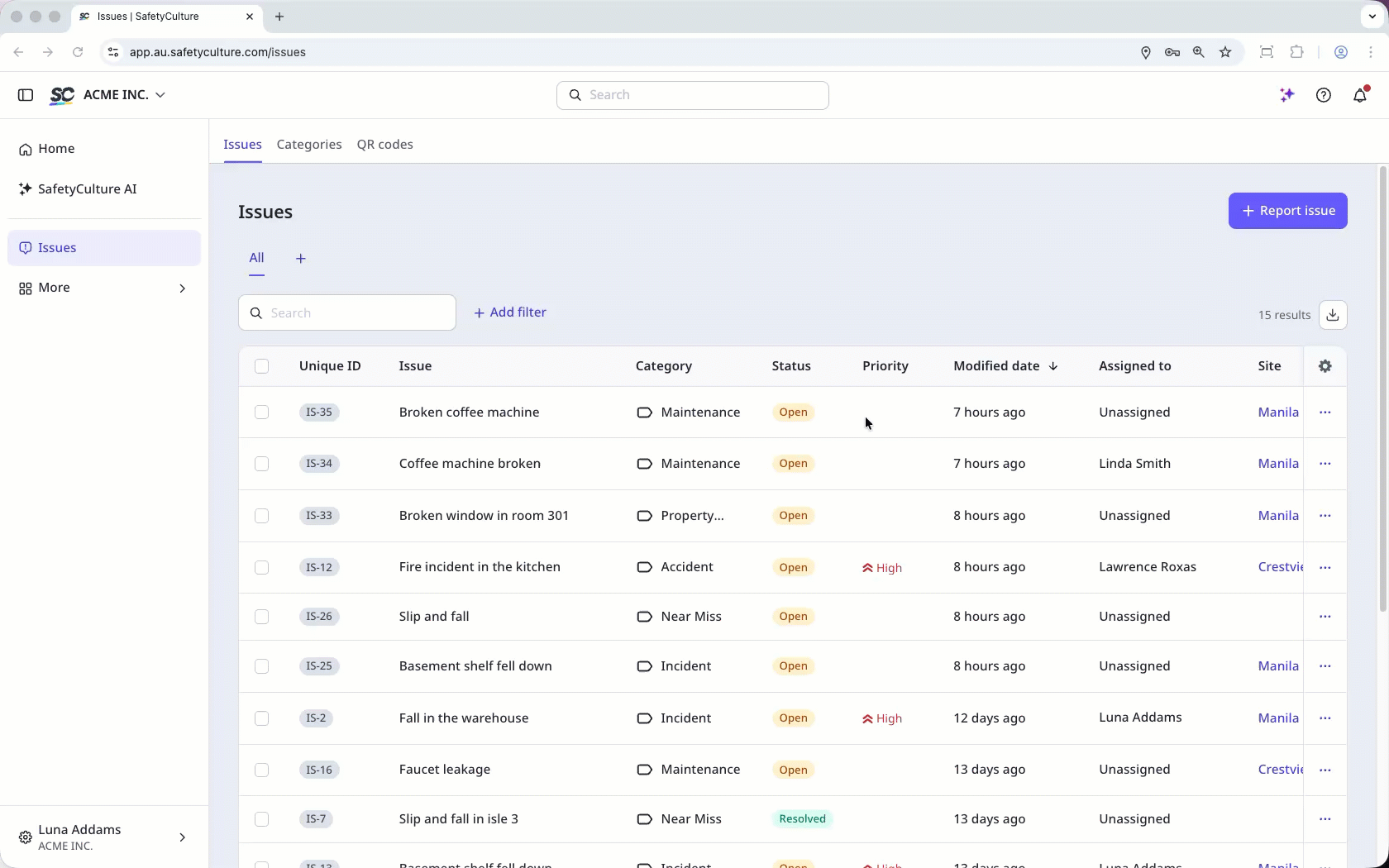 In the issue profile, you can check issue details, answer custom questions, link templates, attach files, create action, and link an investigation.