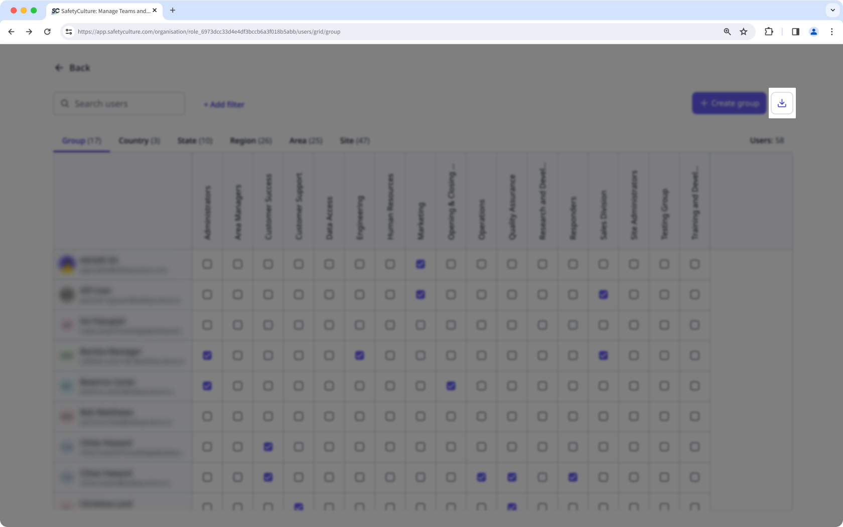 Descargue la tabla de la matriz de grupos y sitios a través de la aplicación web.