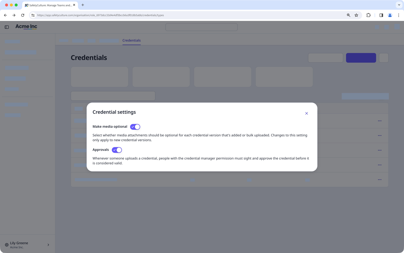 The credential settings modal with 'Make media optional' and 'Approvals' turned on.