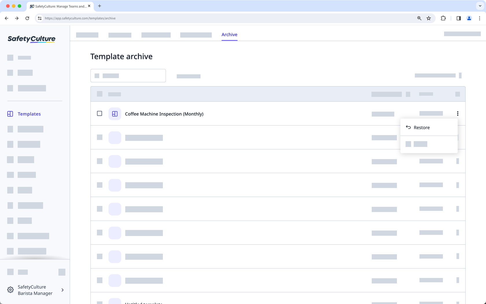 Restore an archived template via the web app.