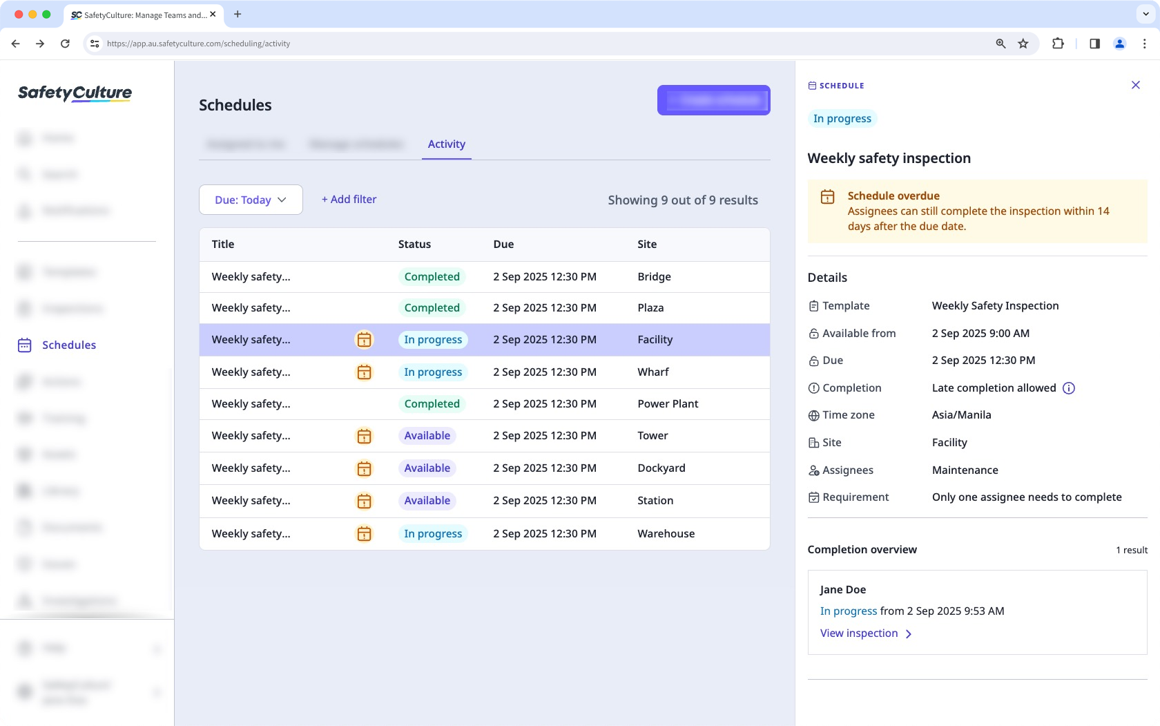 Exemple du panneau de détails d'une répétition planifiée dans l'onglet « Activité » de la nouvelle interface Plannings dans l'application Web.