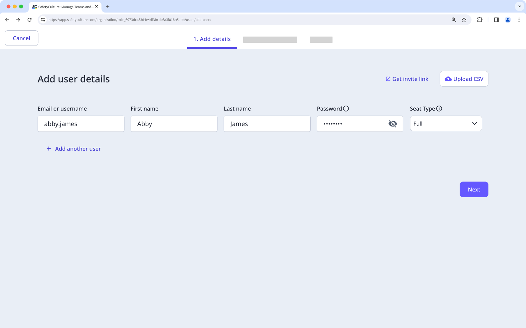 The "Add user details" screen for adding a new user, showing the email or username, first name, last name, password, and seat type filled in.