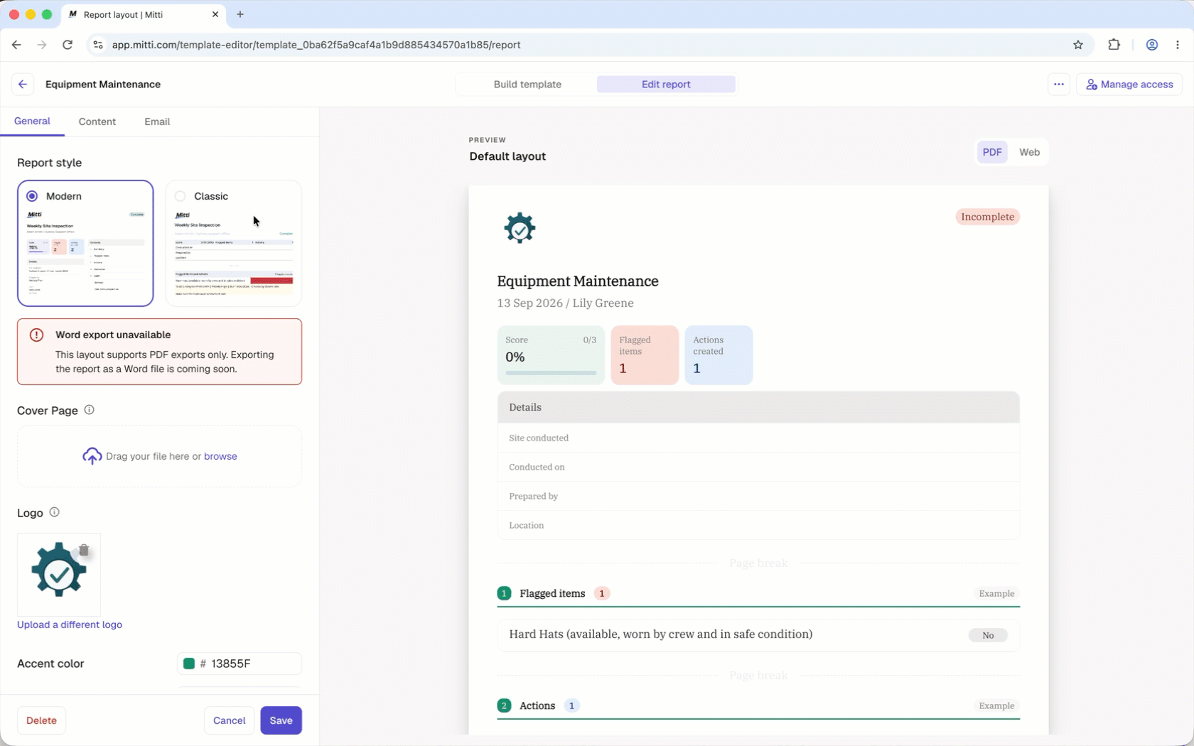 Edit an existing report layout in the template editor.